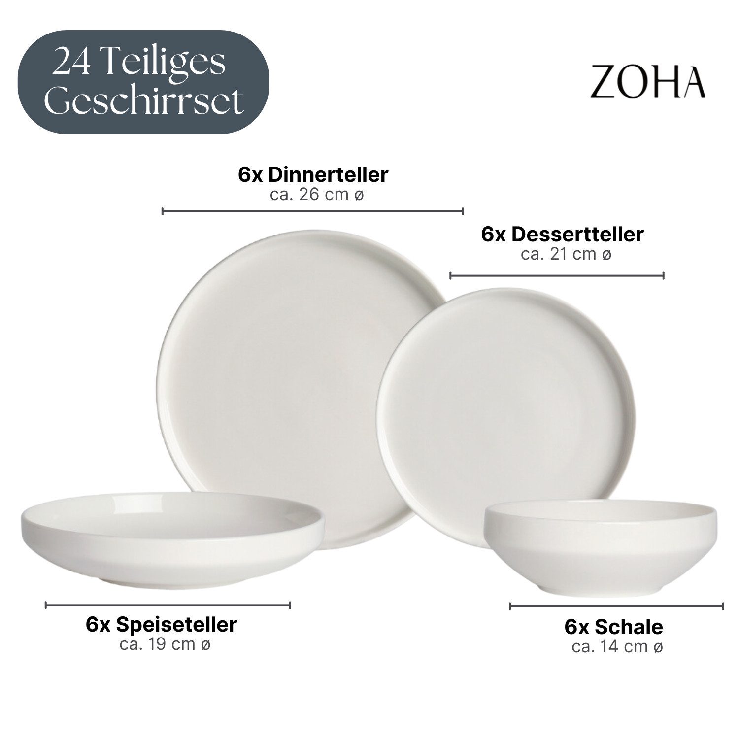 Zoha Geschirr-Set Pure in minimalistisch, weißem Design, Spülmaschinengeeignet, Elegant (24-tlg), 6 Personen, Porzellan, Spülmaschinen, Mikrowellen geeignet. Reduzierter Preis € 159,90. Unverbindliche Preisempfehlung € 179,90