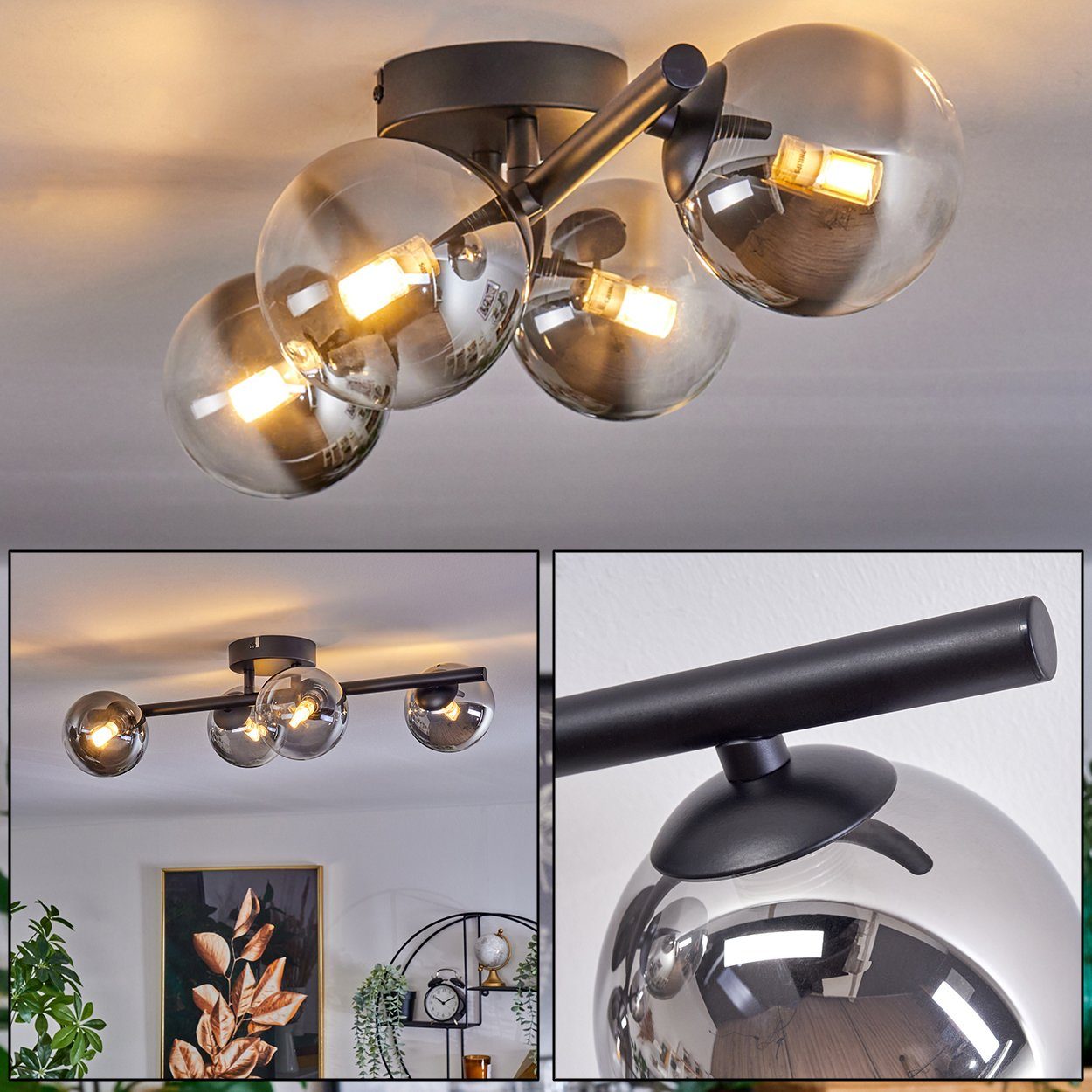 Schwarz/Rauchfarben/Klar, Metall/Glas hofstein Glas, Deckenlampe x G9 Leuchte im Retro-Design Leuchtmittel aus in LED, Leuchtmittel, aus ohne ohne 4 Deckenleuchte