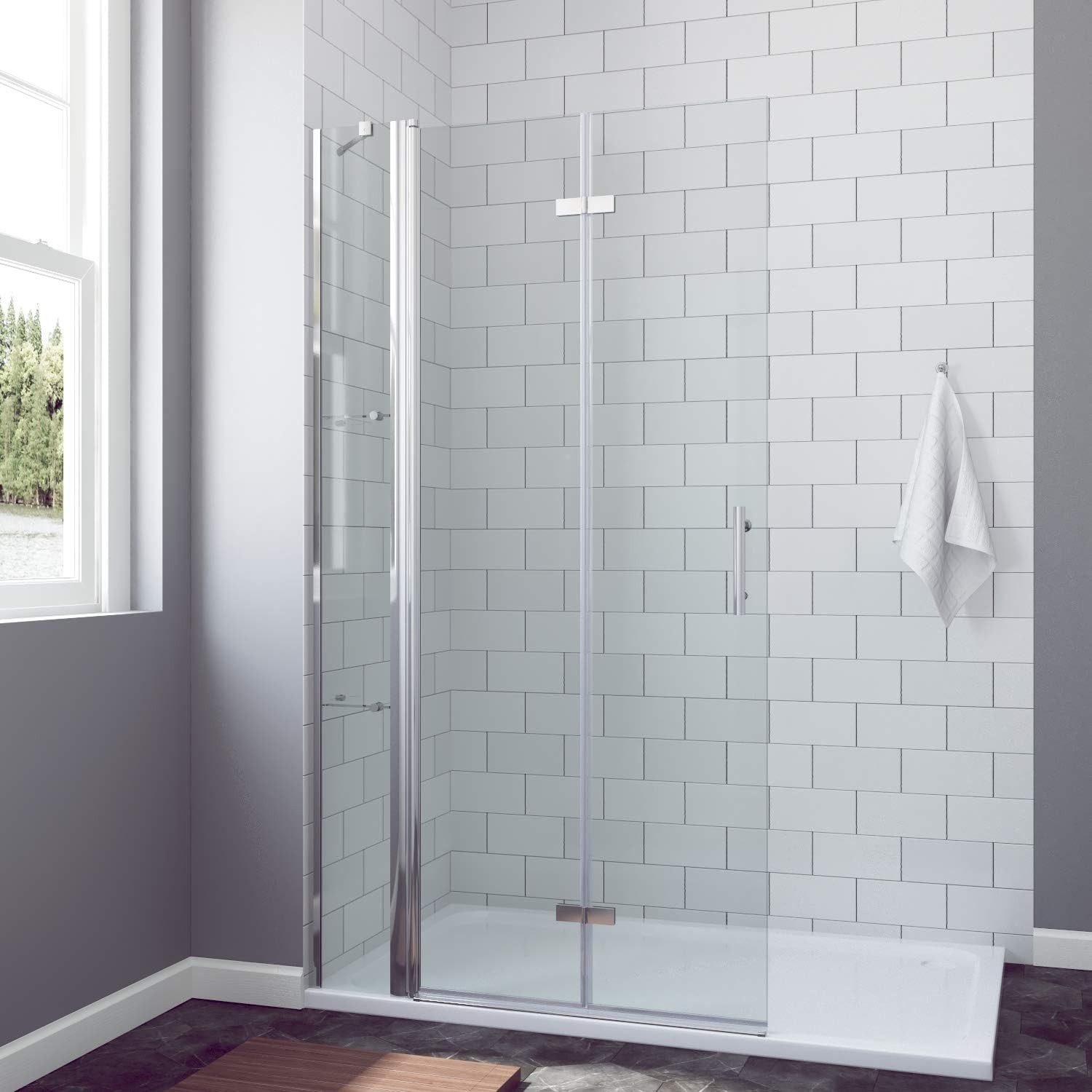 AQUABATOS Walk-in-Dusche Faltbare Walk in Dusche Duschwand Glas Duschabtrennung, Duschtrennwand Glastrennwand Glaswand 6mm ESG mit Nano Beschichtung, Drehfalttür mit Festteil und 2 Acryl Duschablagen