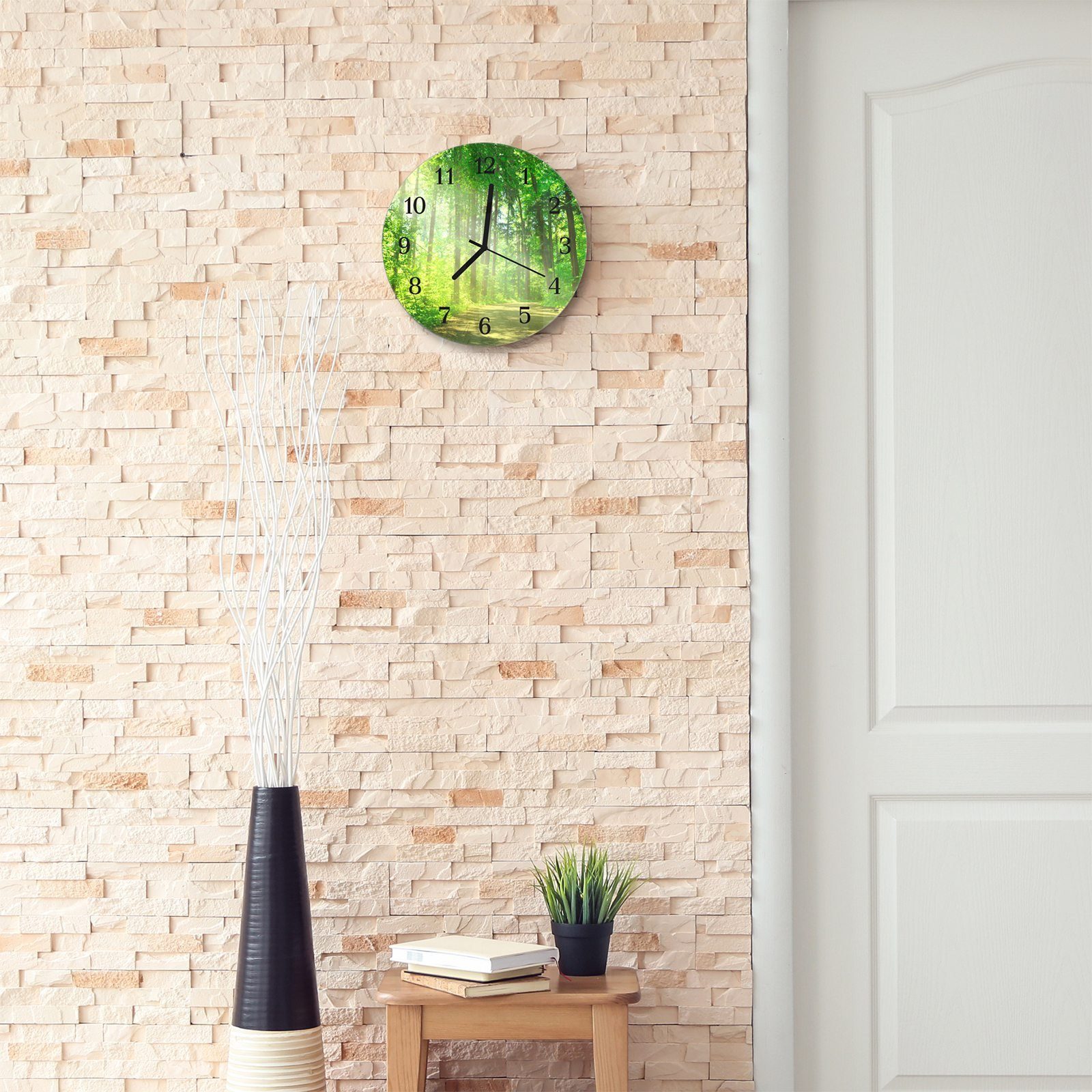 Primedeco Wanduhr mit Glas Sonnenschein - 30 aus Durchmesser Motiv Wanduhr und cm Waldweg mit Quarzuhrwerk Rund mit