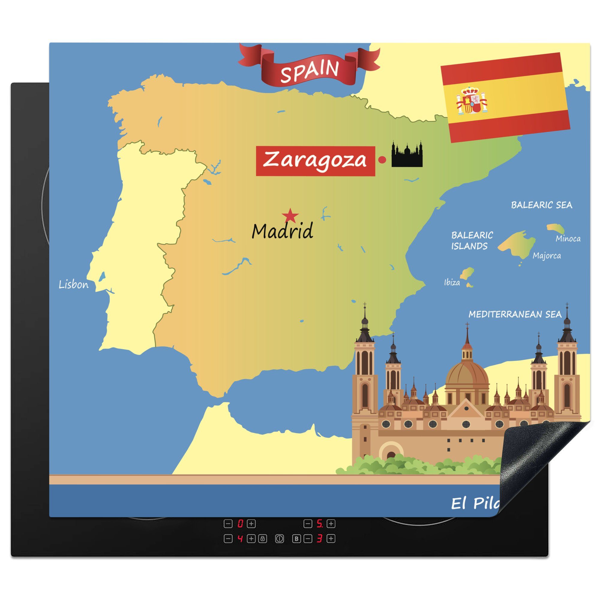 MuchoWow Herdblende-/Abdeckplatte Illustration der Karte von Spanien mit Zaragoza, Vinyl, (1 tlg), 57x51 cm, Induktionsschutz, Induktionskochfeld, Ceranfeldabdeckung