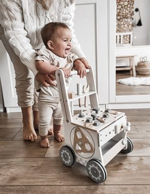 Mamabrum Spielwerkbank 3-in-1-Walker aus Holz, Schieber + Werkstatt - 47 Elemente