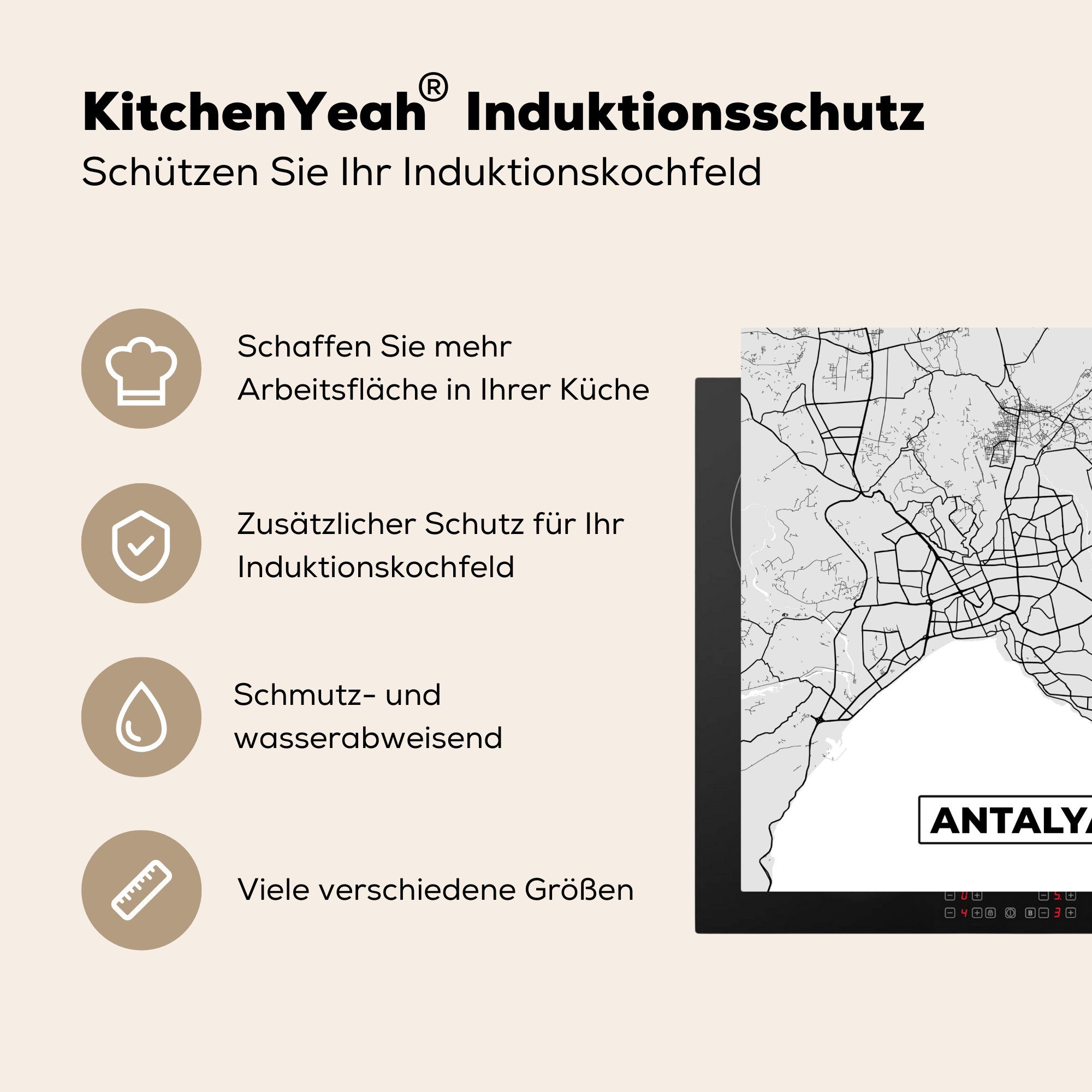 Stadtplan Schwarz Ceranfeldabdeckung, (1 MuchoWow cm, tlg), Herdblende-/Abdeckplatte weiß Vinyl, Antalya und - 78x78 - - küche Arbeitsplatte Karte, für