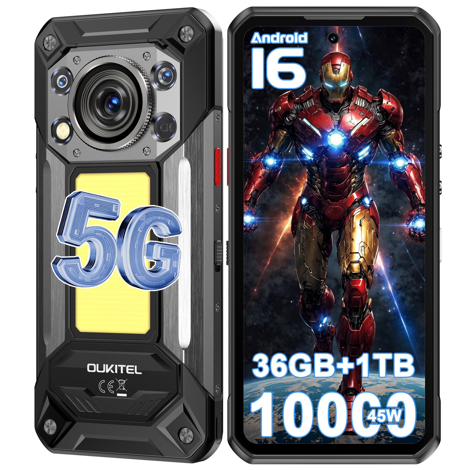 OUKITEL WP500 5G Android 16 Outdoor Smartphone (17,27 cm/6.8 Zoll, 512 GB Speicherplatz, 108 MP Kamera, 10000mAh, 6,8'' FHD+ Display, 108MP Kamera, Android 16, IP68/IP69K)