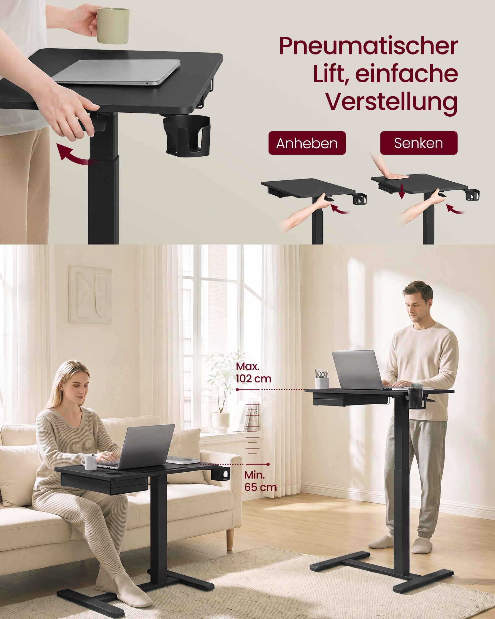 VASAGLE Schreibtisch Höhenverstellbarer Schreibtisch Laptoptisch mit Schublade und Rollen, 70 x 45 cm Für Schlafzimmer und Wohnzimmer mit Getränkehalter – Bild 3 von 5