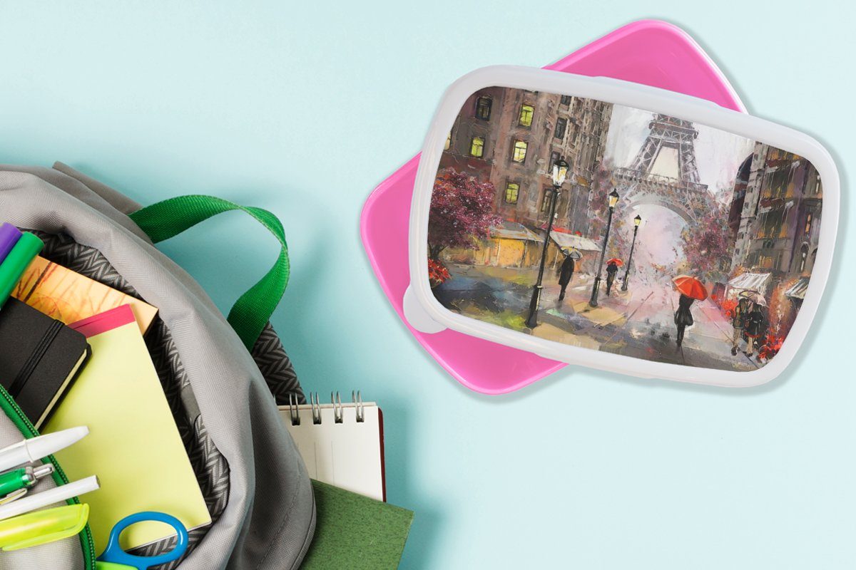 rosa Eiffelturm Erwachsene, - Mädchen, (2-tlg), Kunststoff, - Regenschirm - Kunststoff - Kinder, Brotdose für Paris Lunchbox Snackbox, Brotbox MuchoWow Gemälde Ölgemälde,
