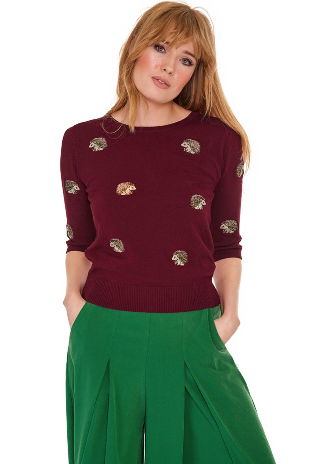 Voodoo Vixen Kurzarmpullover Hedgehog Igel Retro Vintage Sweater Burgunder