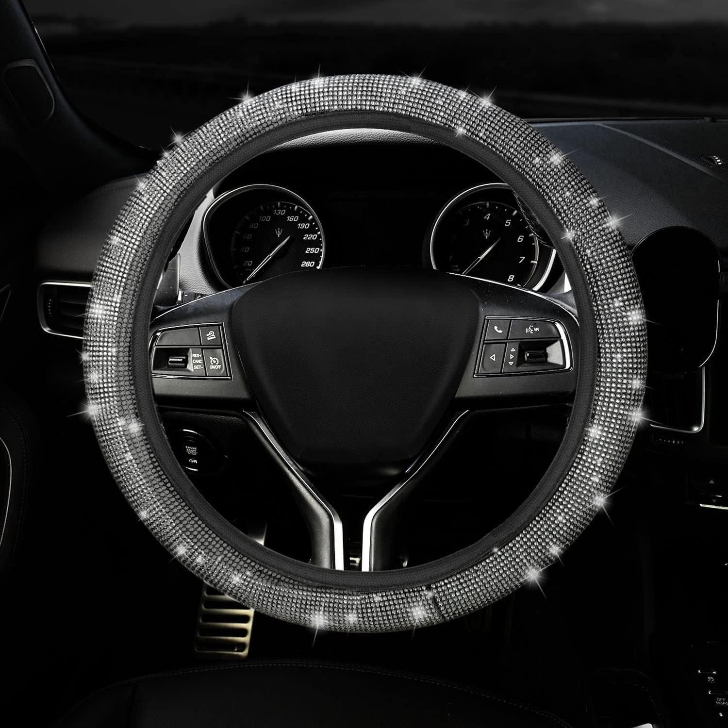 Luxury Collection Car Floor Mat Steering Wheel Cover Universal Car Glitter Rhinestones Decoration Women Silver