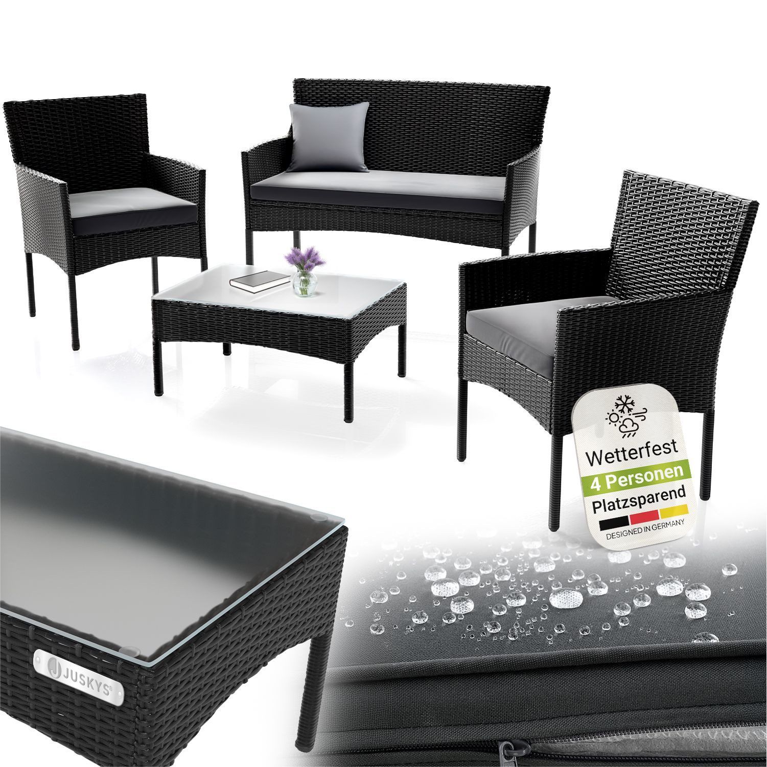 Juskys Gartenlounge-Set Fort Myers, wetterfeste Polyrattan Sitzgruppe für 4 Personen