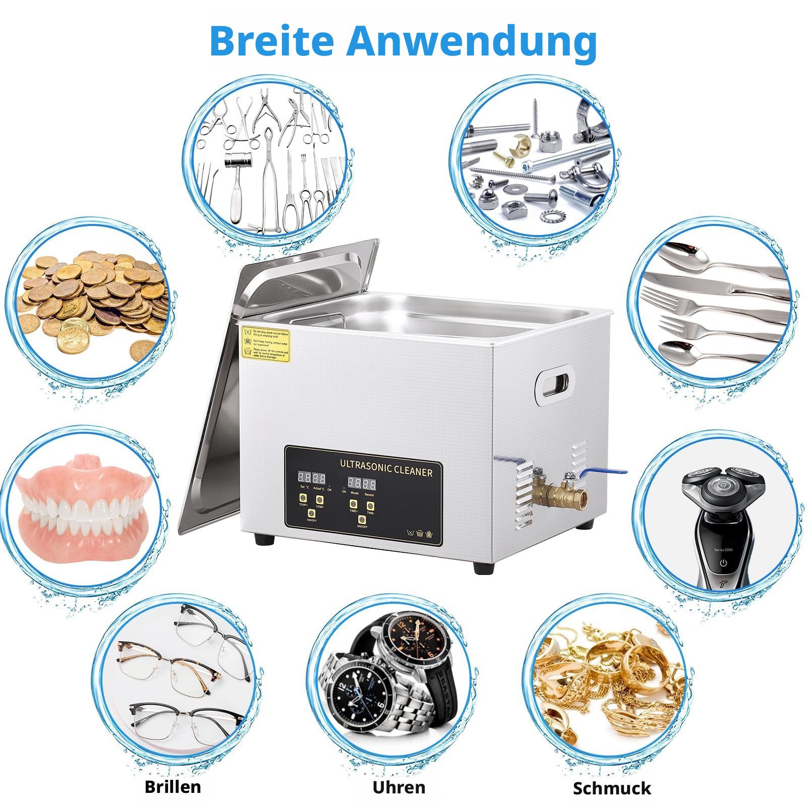 GarveeMore Ultraschallreiniger aus Edelstahl, für Brillen/Schmuck/Uhren, 10L, digitales Bedienfeld, Timer 0-30 Min, Heizung bis 80°C, 40kHz, 240W