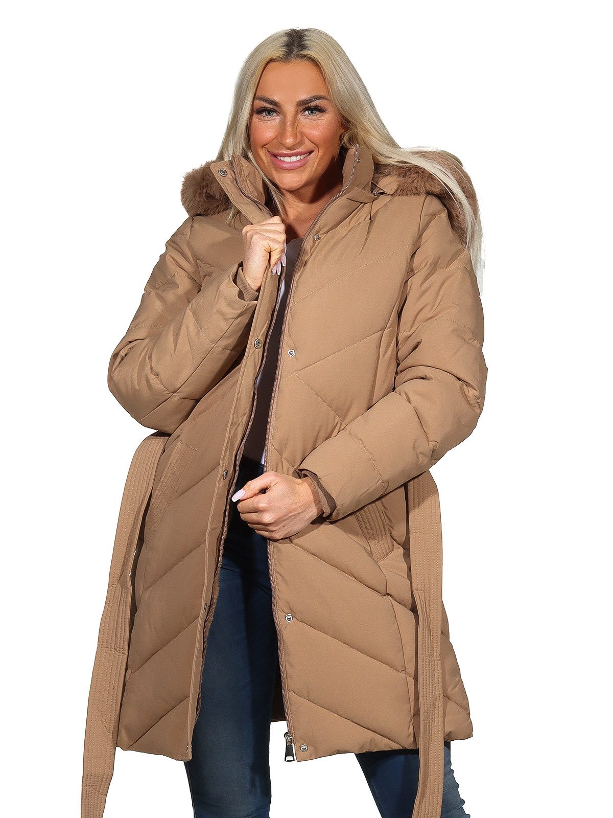 Aurela Damenmode Kurzmantel Steppmantel Damen Mantel diagonal gesteppt mit Bindegürtel mit abnehmbarer Kapuze, und weichem Teddyfutter