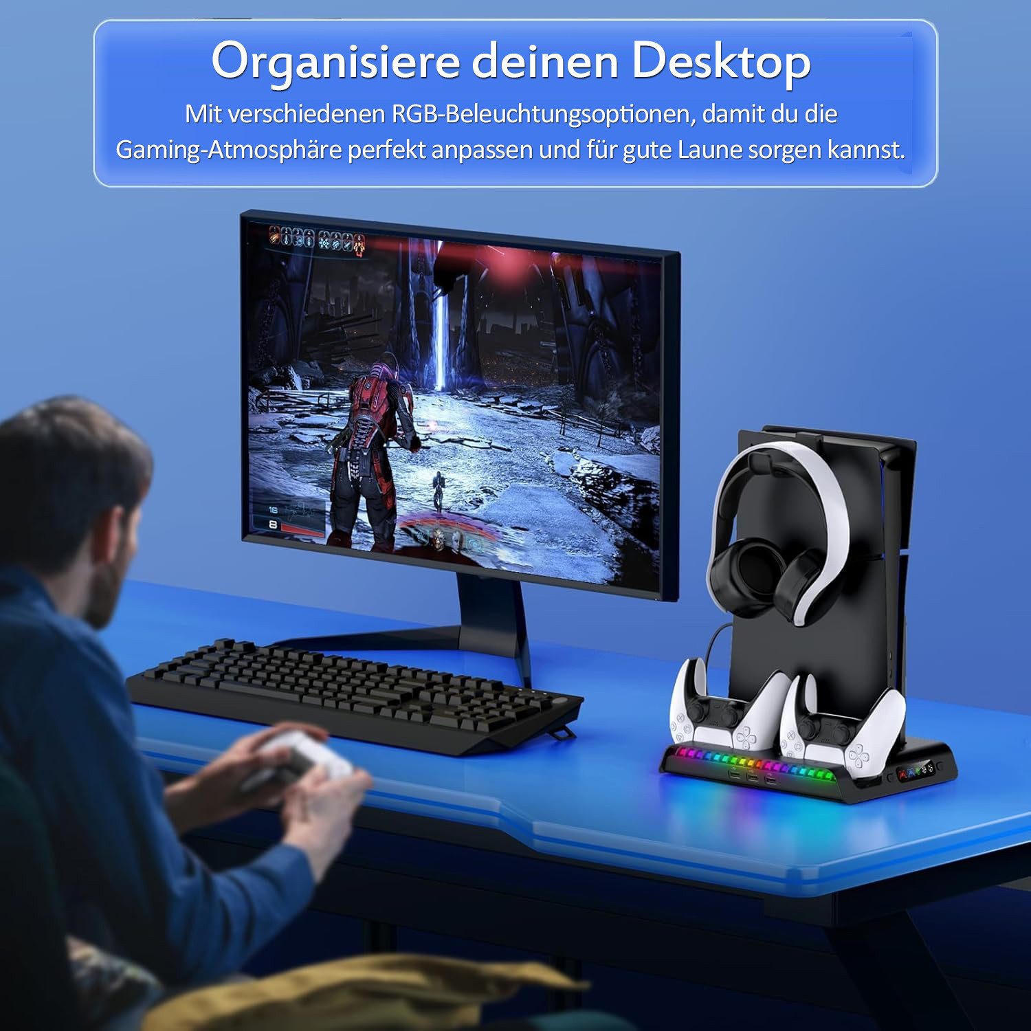 TUWENA Standfuß für PS5 Pro/PS5 Slim, LED Controller Ladestation Zubehör PlayStation 5-Controller (kompatibel mit Playstation5 Pro/Slim Digital/Disc Edition) – Bild 5 von 5
