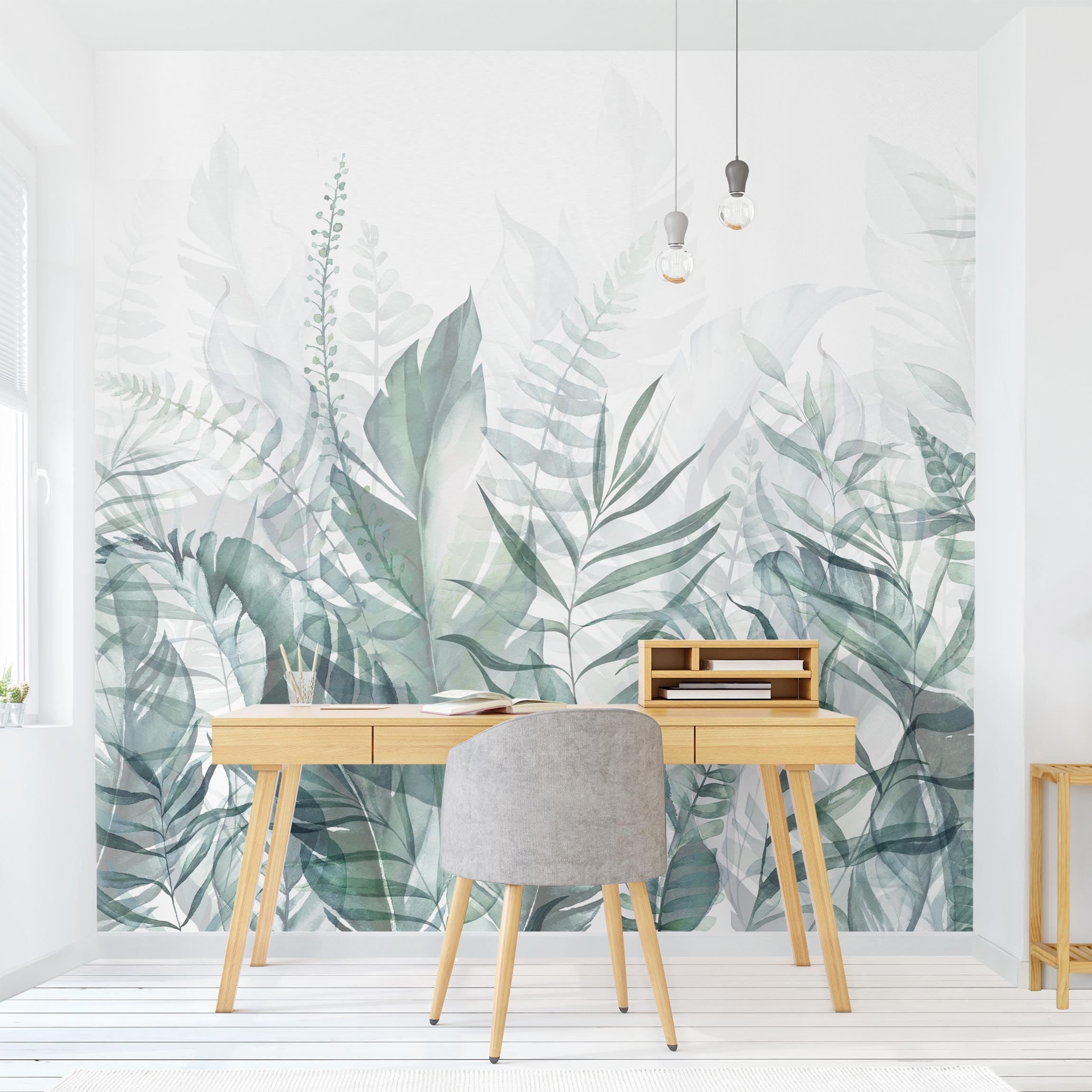 Bilderdepot24 Fototapete Blumen Tropische Blätter Grün Blumentapete Floral Natur Modern Kunst, Glatt, Matt, (Vliestapete inkl. Kleister oder selbstklebend), Wohnzimmer Schlafzimmer Küche Flur Motivtapete Vliestapete Wandtapete