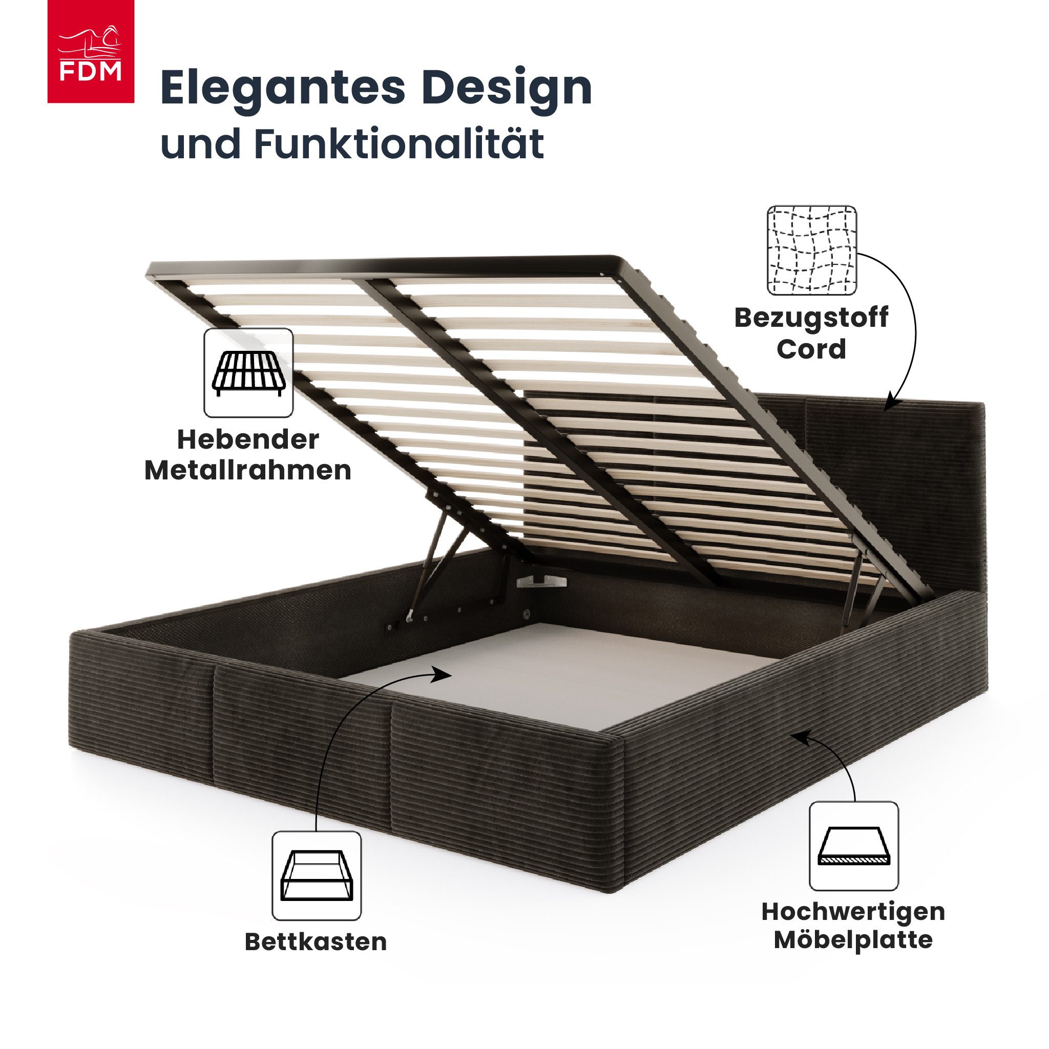 FDM Polsterbett AMBER modern mit Bettkasten MADE IN EU - mit Cord Bezug (verfügbar 90x200 120x200 140x200 160x200 180x200cm, Bettrahmen, Bett, mit großen gepolsterten Kopfteil, mit Bettkasten zum aufklappen), Hebbarer Metallrahmen, Bettkasten, mit/ohne Matratze