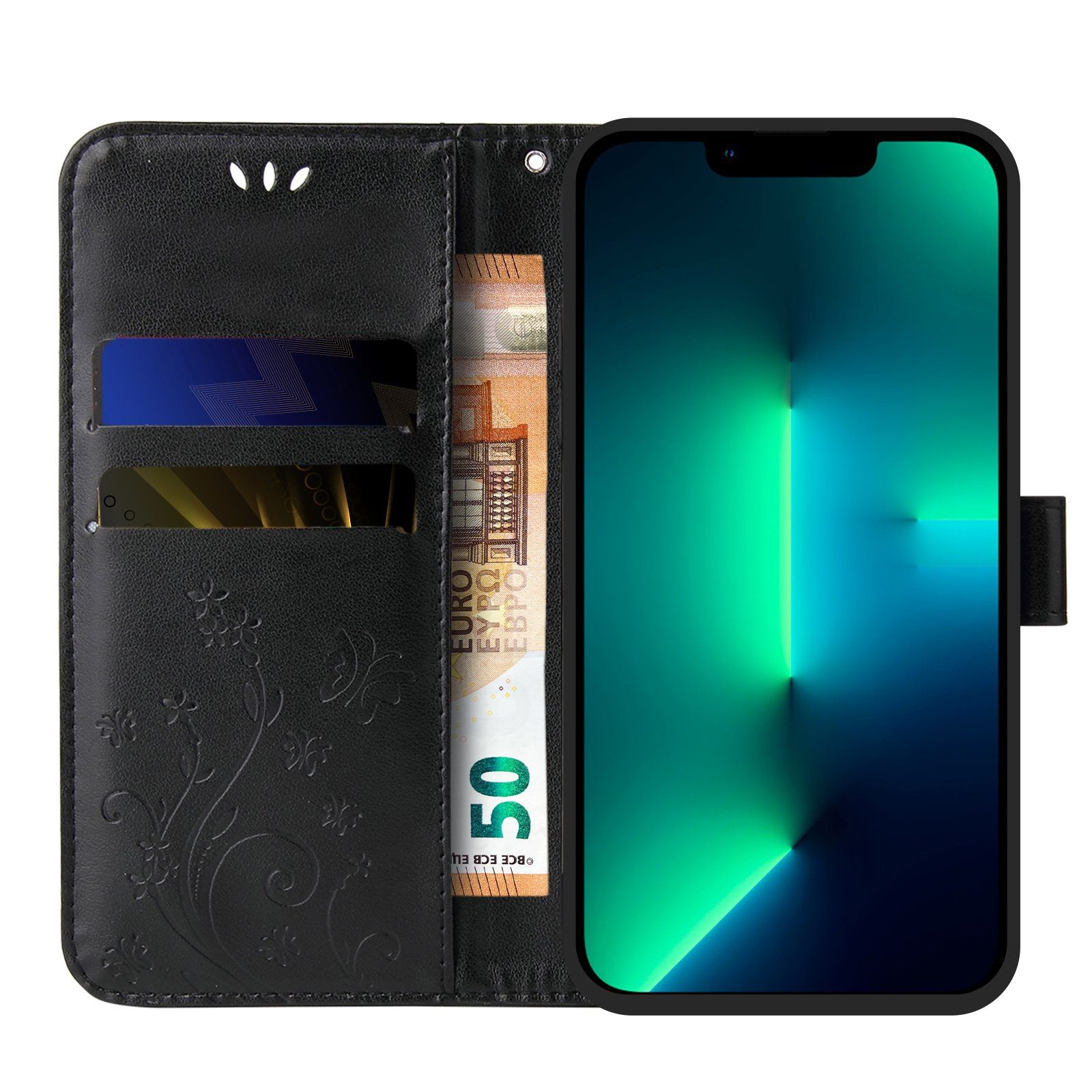 Tec-Expert Handyhülle Cover Tasche Hülle für Apple iPhone 13 Pro Max 6,7 Zoll, Klapphülle Case mit Kartenfach Fliphülle aufstellbar, Motiv Blumen