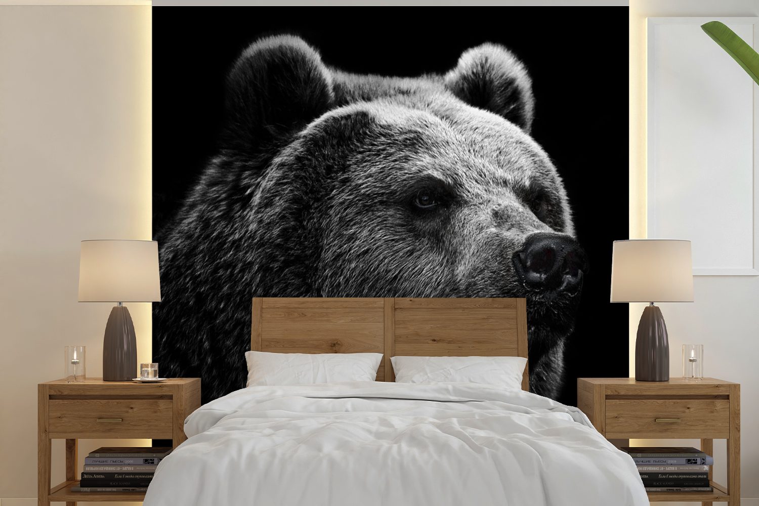 MuchoWow Fototapete Bär - Tier - Schwarz - Weiß, Matt, bedruckt, (5 St), Vinyl Tapete für Wohnzimmer oder Schlafzimmer, Wandtapete