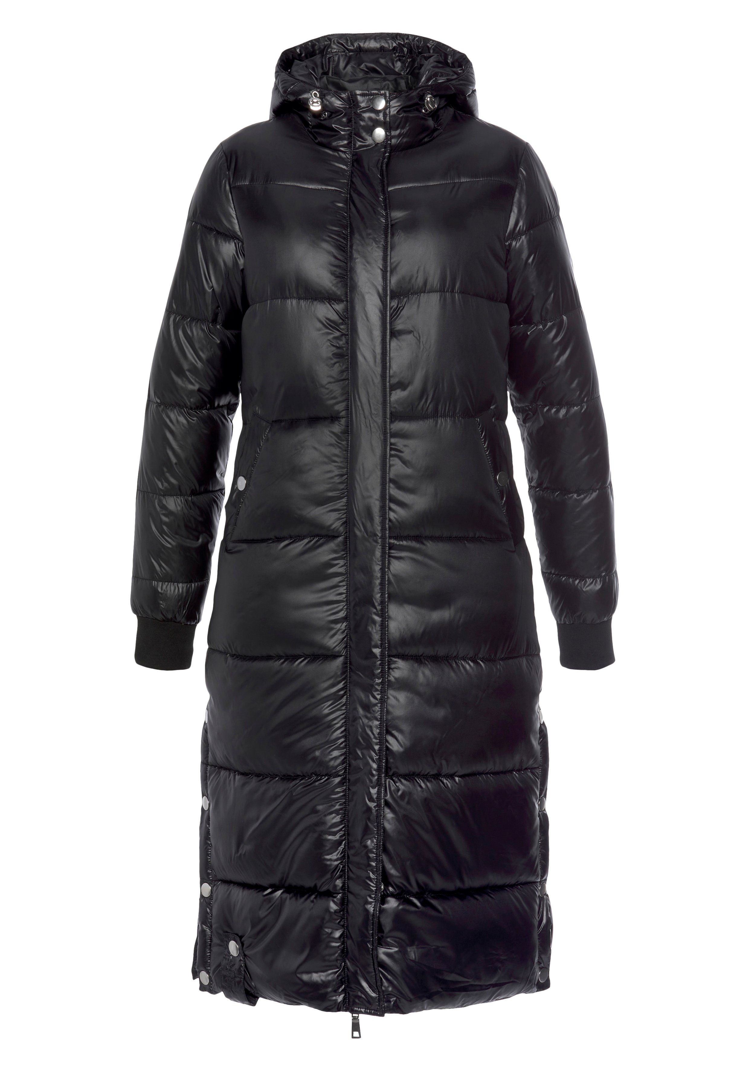 nachhaltigem in mit langer Form Material) aus Steppmantel (Jacke black schimmerndem ALPENBLITZ Wintermärchen Glanz extra