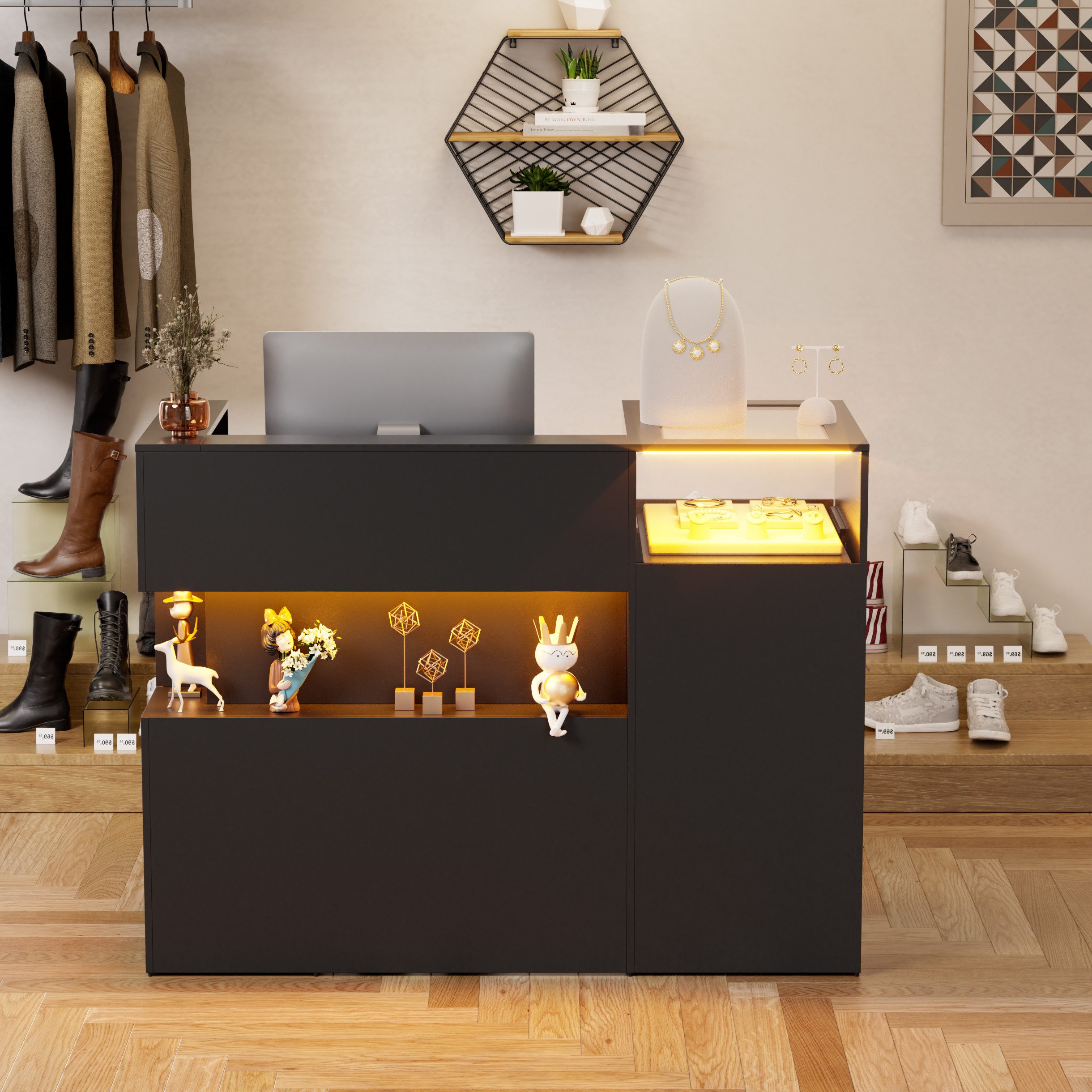 PEALOV Empfangstheke mit Glasvitrine und RGB-Beleuchtung, 130 × 60 × 100 cm (1-St), Rezeptionstresen mit Tastaturablage und Stauraum