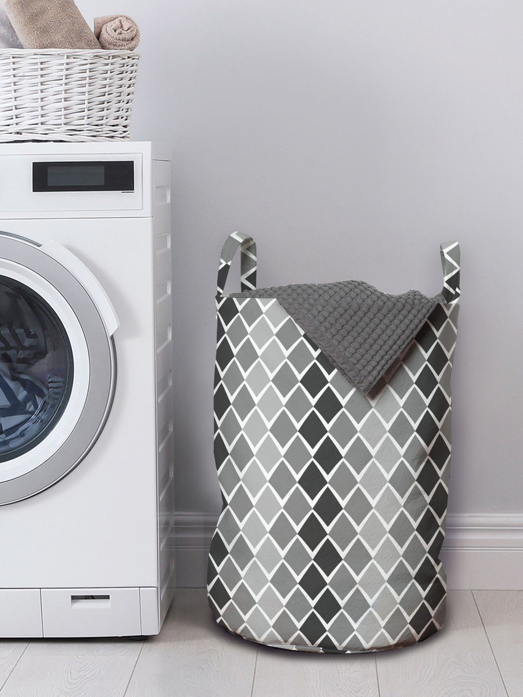 Abakuhaus Wäschesäckchen Wäschekorb mit Griffen für geometrische Waschsalons, Weiß und Ombre Kordelzugverschluss Grau
