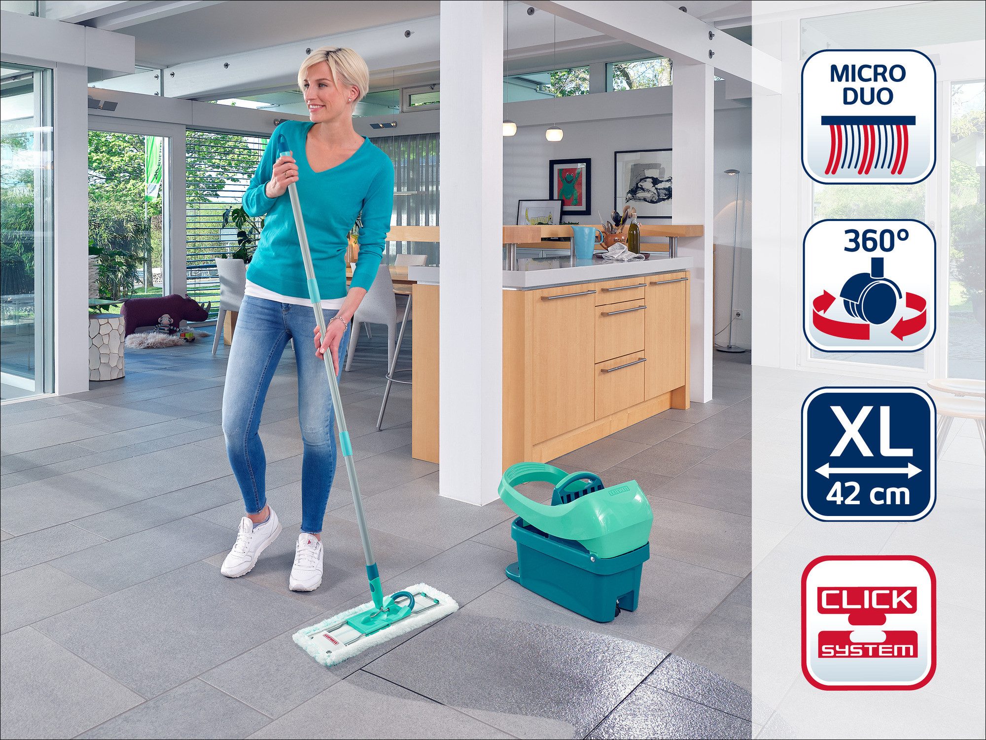 Leifheit Bodenwischer-Set Set Wischtuchpresse Profi XL mit Rollen und Bodenwischer, (4-St), Waschbar bei 60°C, Wischbreite 42cm, mit Rollen, 360° Drehgelenk