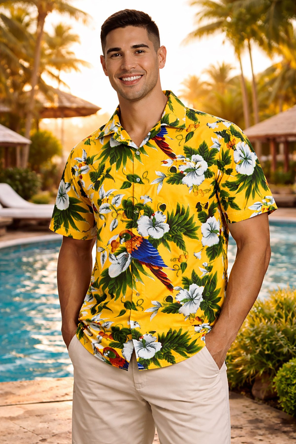 King Kameha Hawaiihemd Cherry Parrot Funky Hawaii-Hemd Herren Kurzarm Front-Tasche Sommerhemd