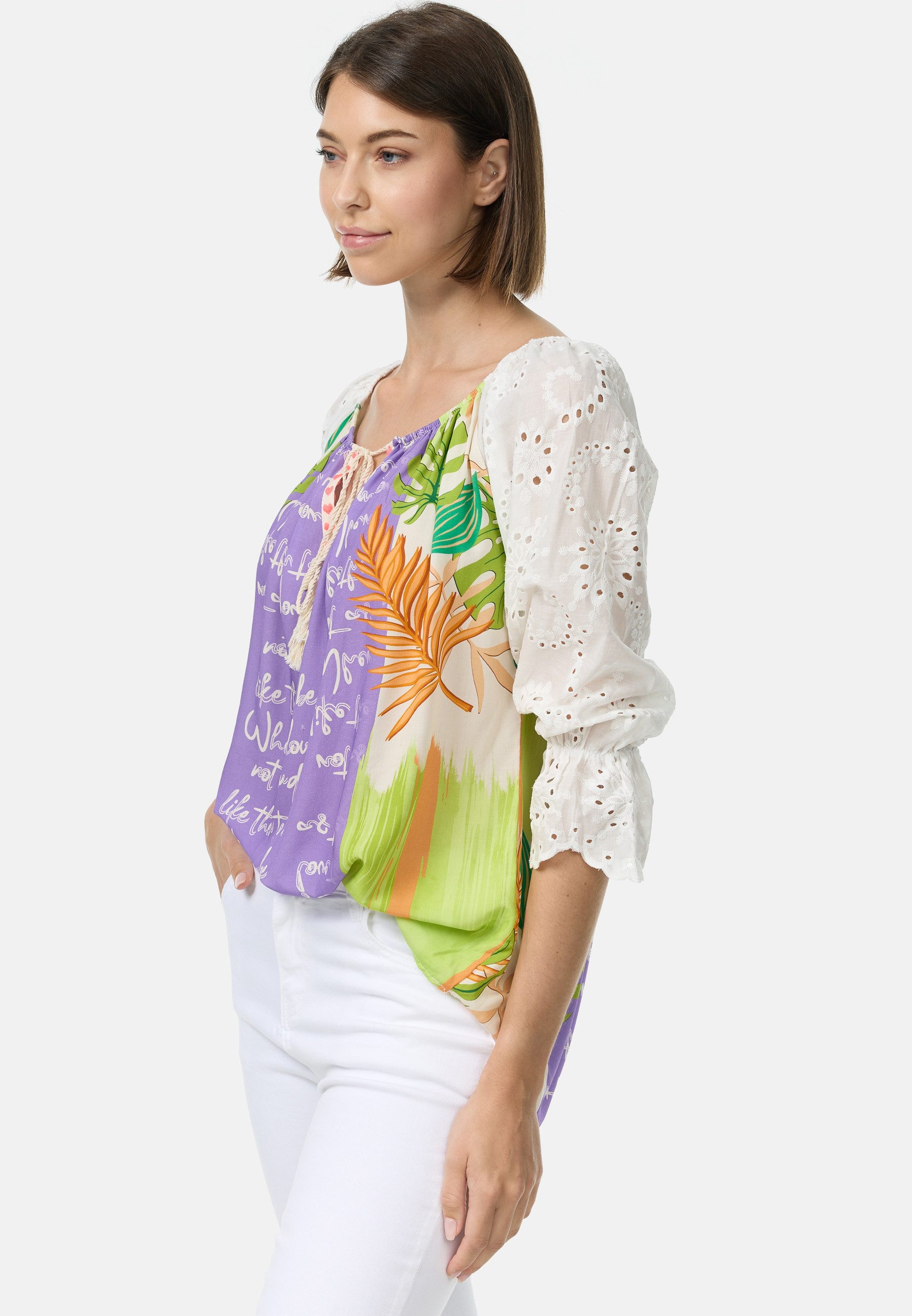 Rayshyne Carmenbluse PM61 (Verspielte Tunika Bluse mit Spitzenärmeln) Spitzenärmel, Materialmix, Mustermix, Schulterfrei tragbar