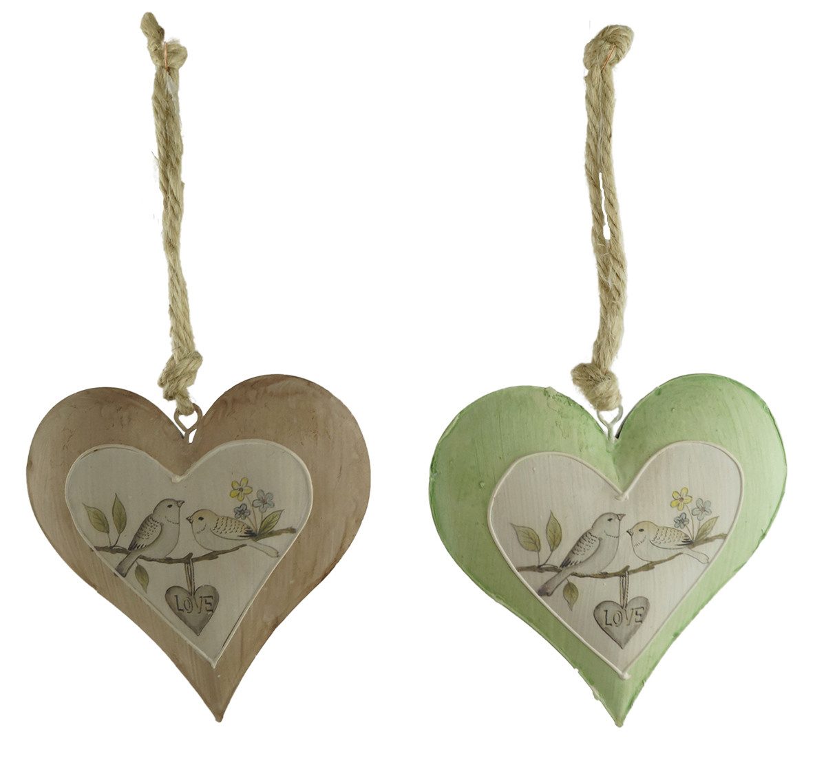 Denk Dekohänger Hänger Herzen mit Vogelmotiv 2er Set ca. 24 cm - Dekoration (Set, 2 St., 2), Zwei Metallanhänger, wetterfest, 24 cm lang, bewegliche Motive
