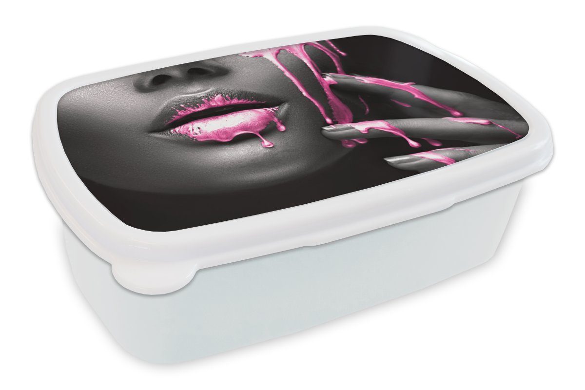 MuchoWow Lunchbox Lippen - Rosa - Schwarz, Kunststoff, (2-tlg), Brotbox für Kinder und Erwachsene, Brotdose, für Jungs und Mädchen weiß