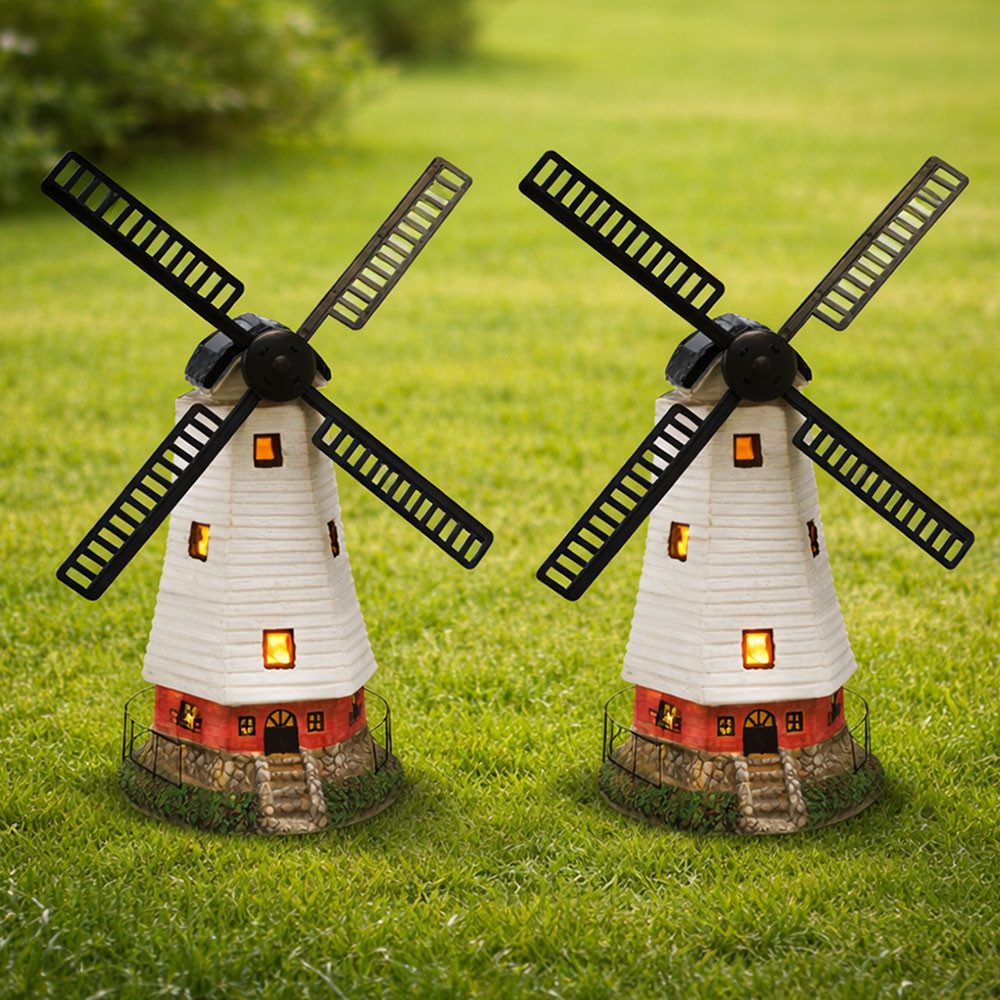 Haushalt International LED Solarleuchte, LED-Leuchtmittel fest verbaut, Warmweiß, LED Solar Außen Leuchte Garten Windmühle Vorgarten 2er Set