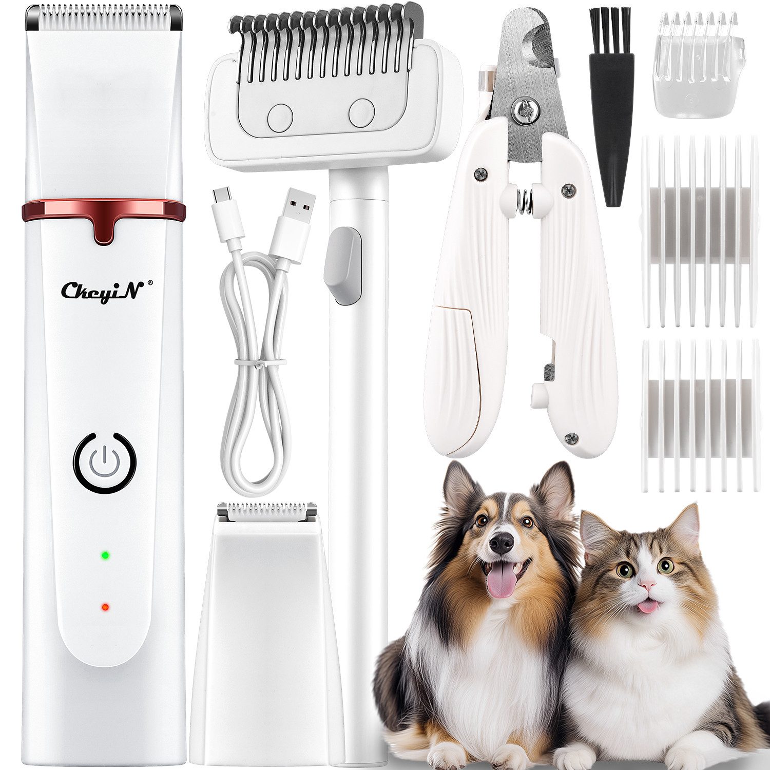 CkeyiN Hundeschermaschine multifunktionale kabellose Tierhaarschneidemaschinen Set leise, mit Nagelknipser und Entwirrungskamm, für Hunde, Katzen, Haustiere mit dichtem/verfilztem Fell