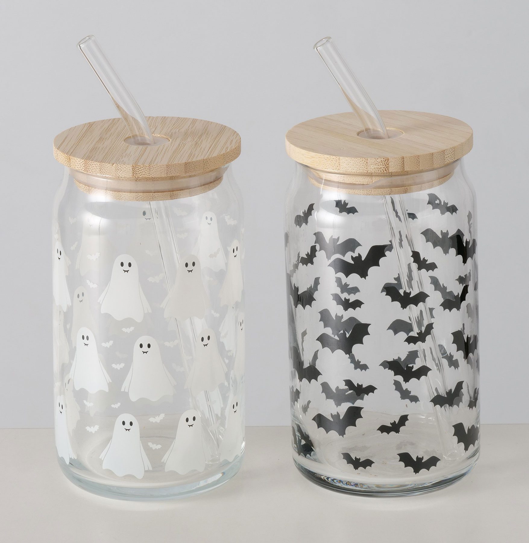 Levandeo® Glas, 2er Set Trinkglas 440ml Halloween Glas-Strohhalm Bambusdeckel