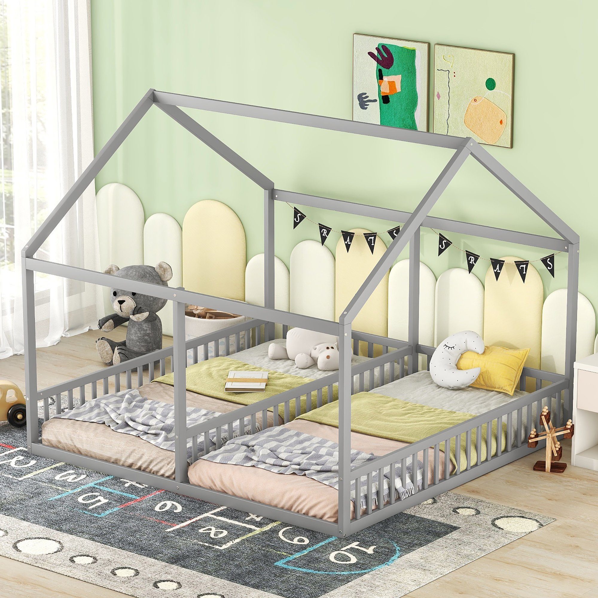 SOFTWEARY Kinderbett Hausbett mit 2 Schlafgelegenheiten und Lattenrost (90x200 cm), Holzbett aus Kiefer grau