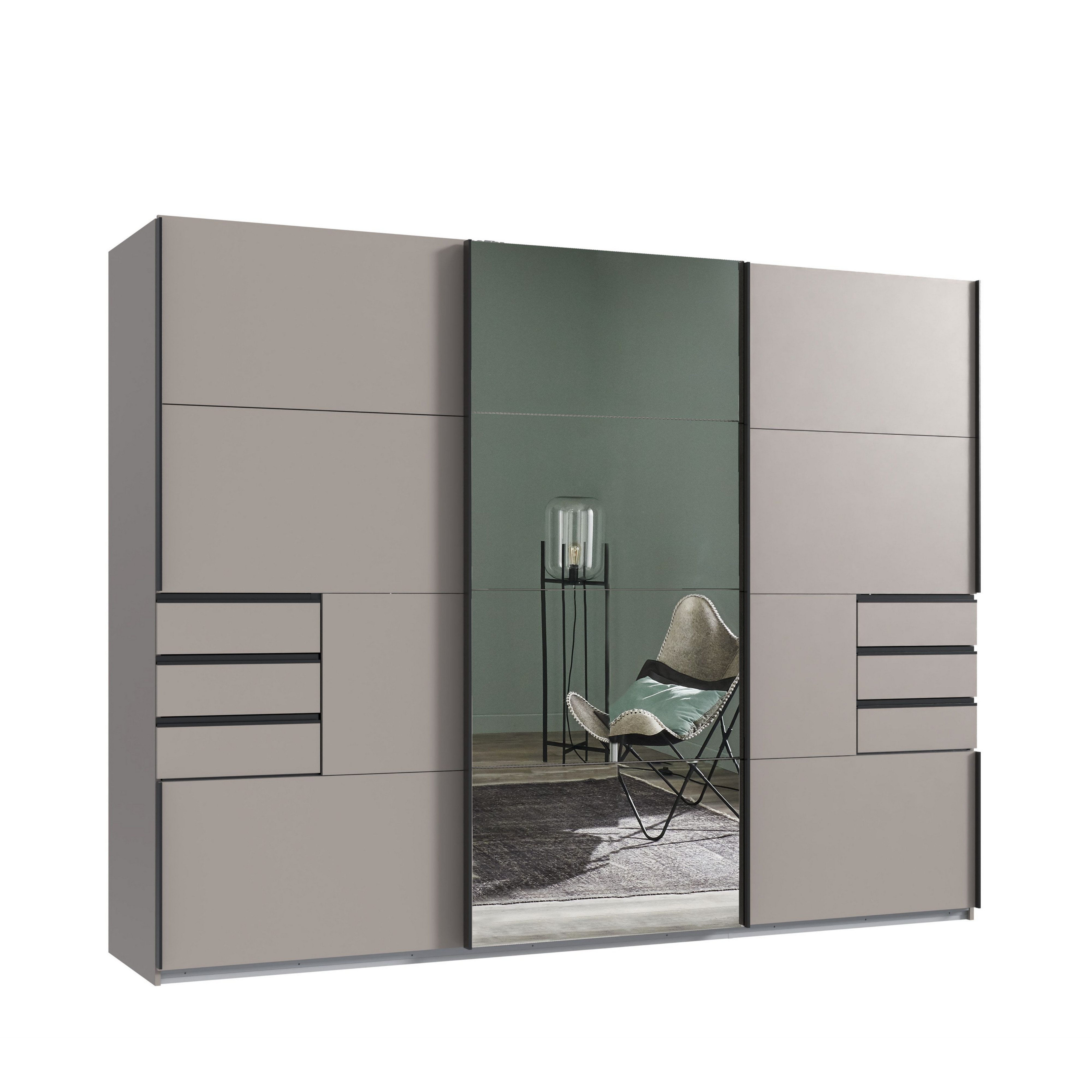 luma-home Schwebetürenschrank 22615 (B270/H208/T64 cm Kleiderschrank mit Vollausstattung, schwarze Griffleisten) in Sandgrau, 6 sichtbare Schubladen, Mitteltür Spiegelfront