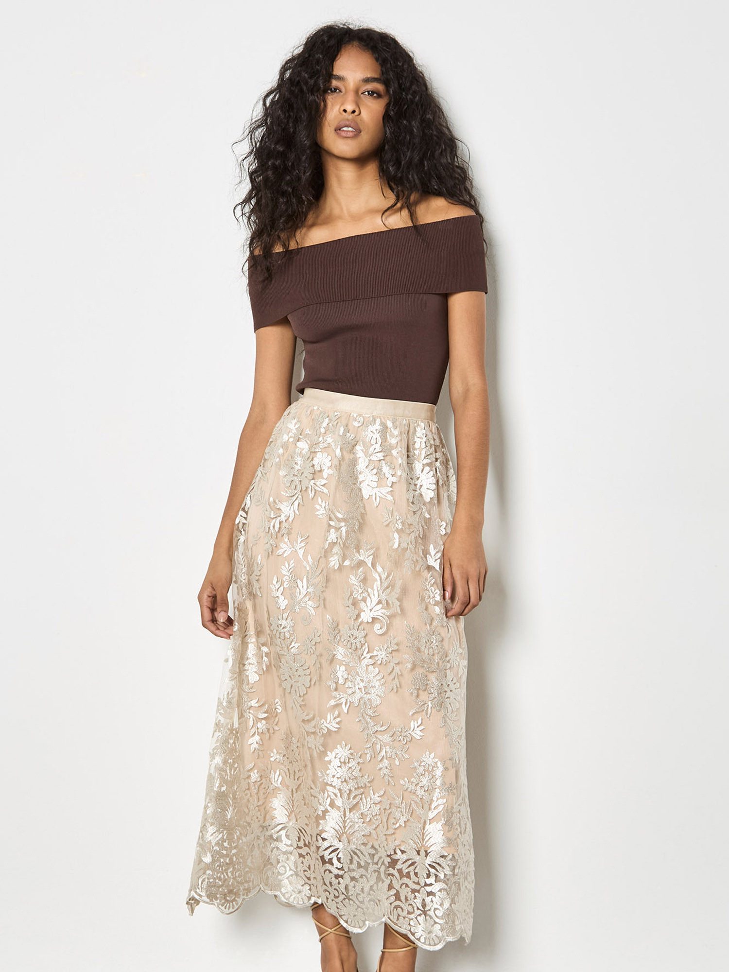 Apricot Midirock Midi-Rock aus schimmerndem Mesh mit Blumenstickerei