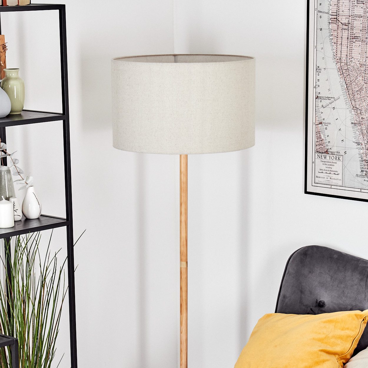 hofstein Stehlampe Stehlampe aus Holz im modernen Boho-Design, ohne Leuchtmittel, Stehleuchte mit Schirm aus Stoff und Fußschalter, Ø 50 cm, 167 cm, E27