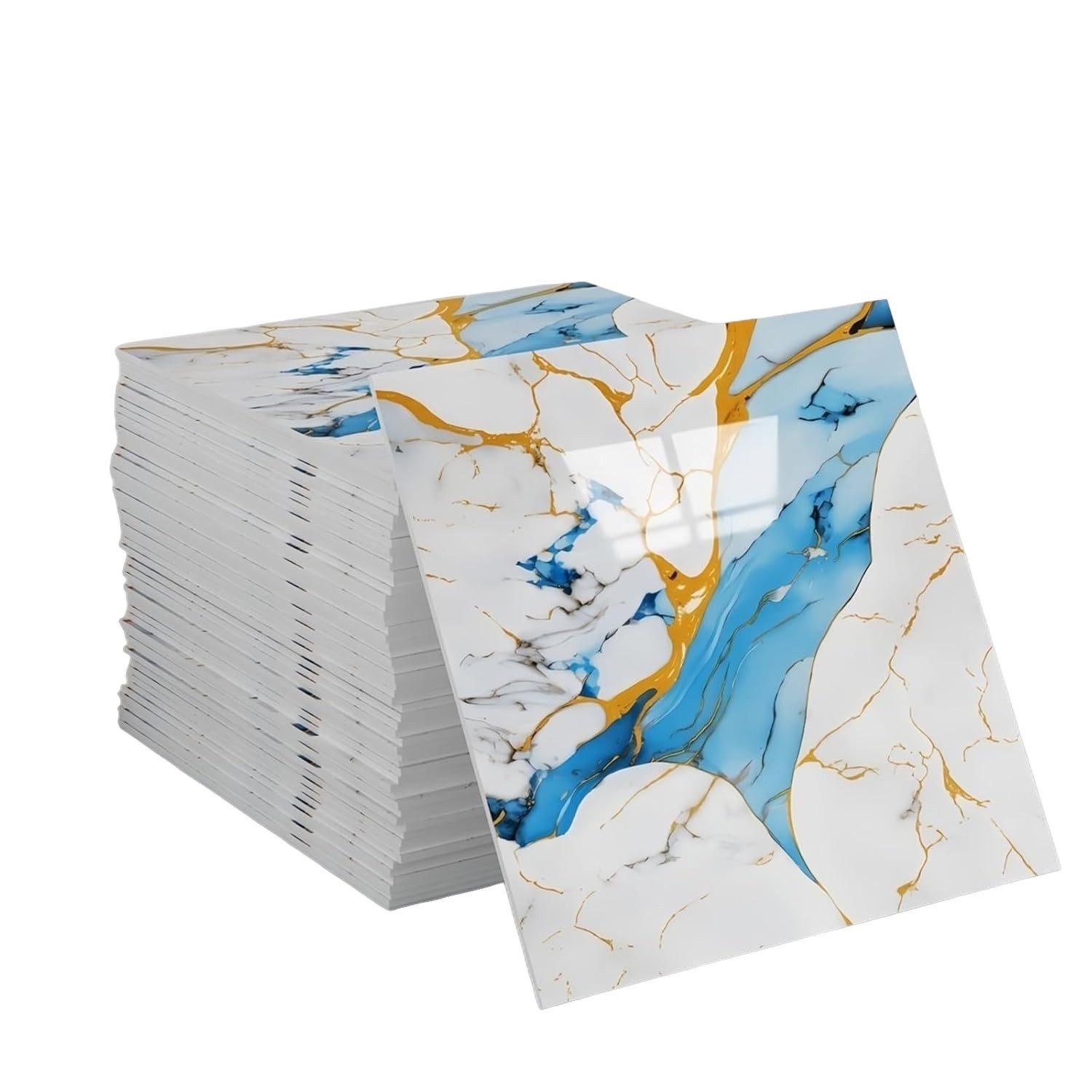 Agger Wandfliese Selbstklebend, Tile Stickers 10 Stück, Peel and Stick Tiles 30X30CM, 30x30, Blau-Gold, Wasserfest & Schmutzabweisend, Fliesenaufkleber Marmor