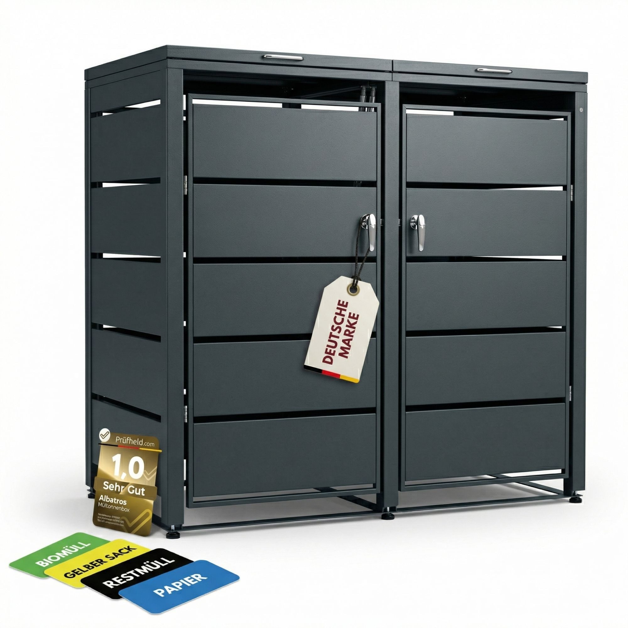 Albatros International Mülltonnenbox Mülltonnenbox 2er Tonne bis 240 Liter Anthrazitgrau RAL 7016 (verzinkter Stahl Premium Dämpfer Aufkleber-Set wetterfest)