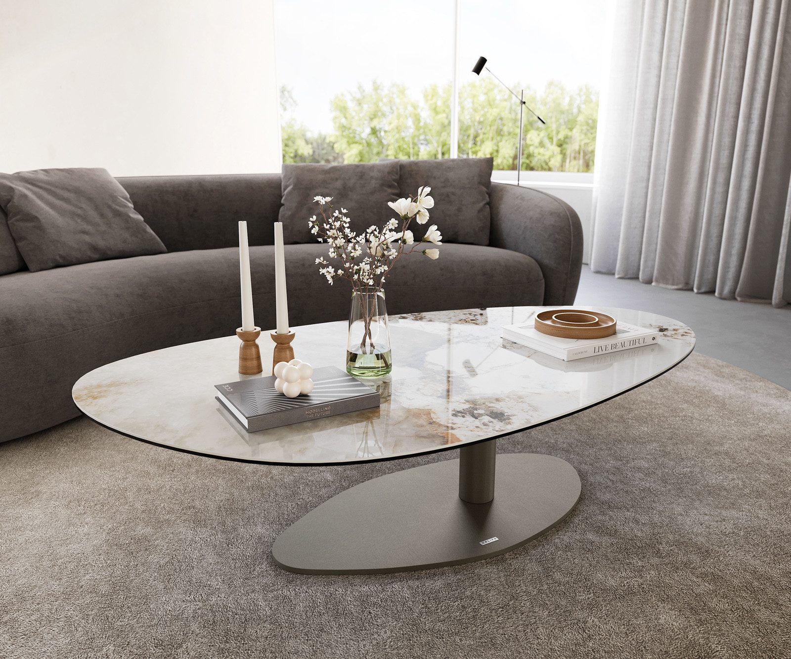 DELIFE Couchtisch Edge, Oval 140x75 cm Keramik Minas Melange Vibany Metall Effektfinish Titan