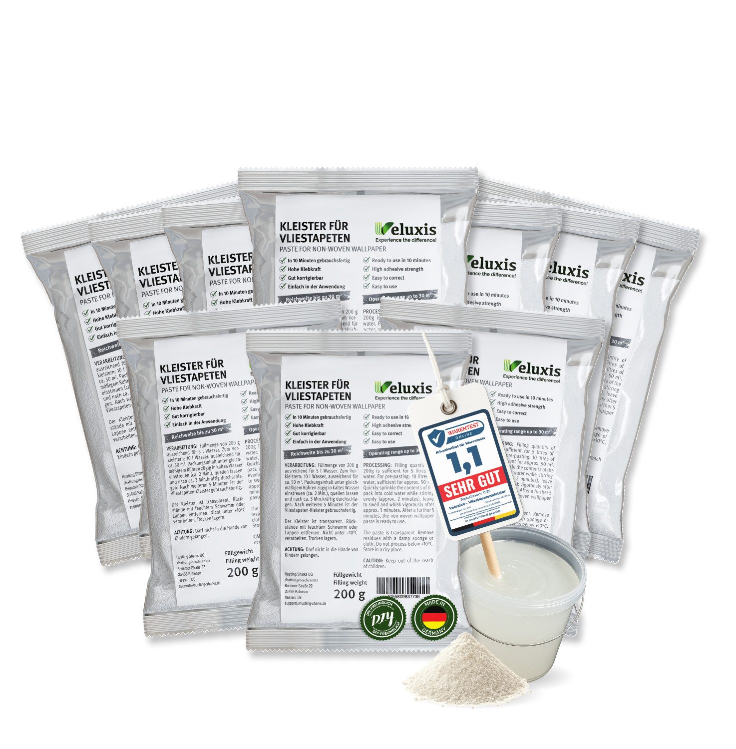 Veluxis Kleister Veluxis® Vliestapetenkleister, (5-tlg), Starke Klebkraft, fleckenfrei & korrigierbar, 1 Beutel = 30 qm