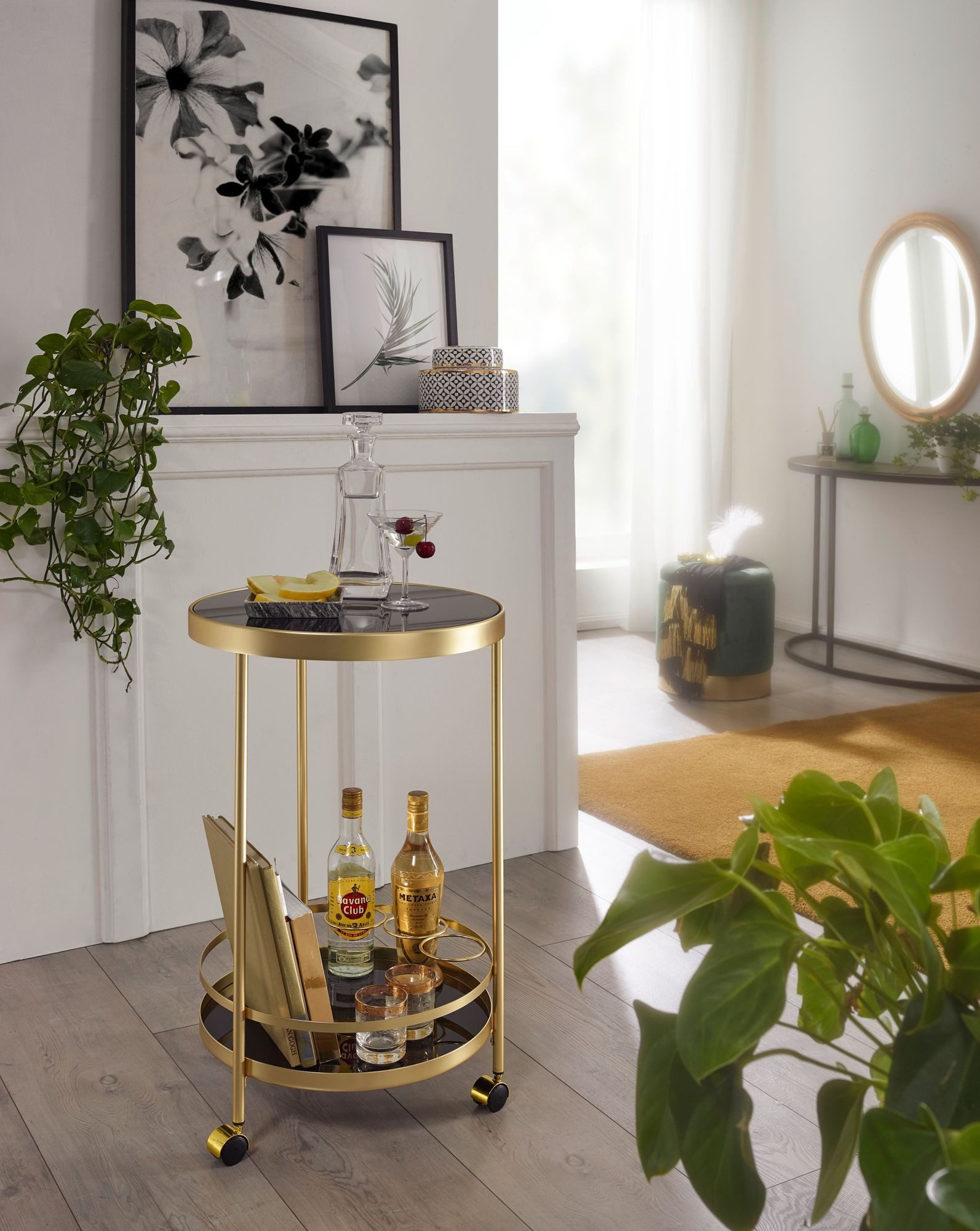Wohnling Servierwagen Servierwagen Gold Beistelltisch auf Rollen Glas Speisewagen Rund Ø45 c, (Gold Ø 45 cm, Mobiler Beistelltisch Glas Modern), Speisewagen Rund, Küchenwagen Teewagen