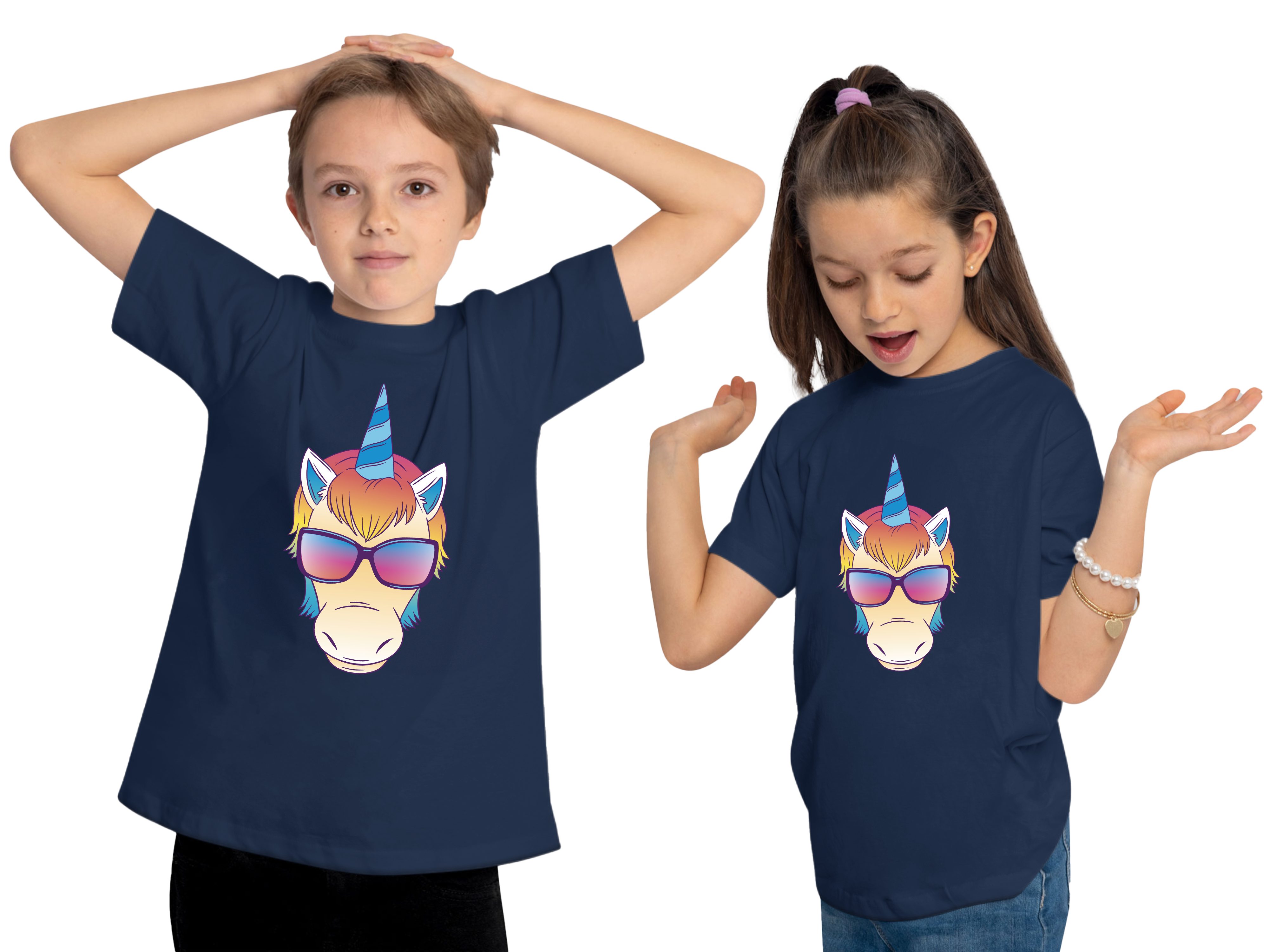 MyDesign24 T-Shirt Kinder Print Aufdruck, Einhorn - blau Baumwollshirt navy bedruckt Kopf i255 Shirt Sonnenbrille mit mit