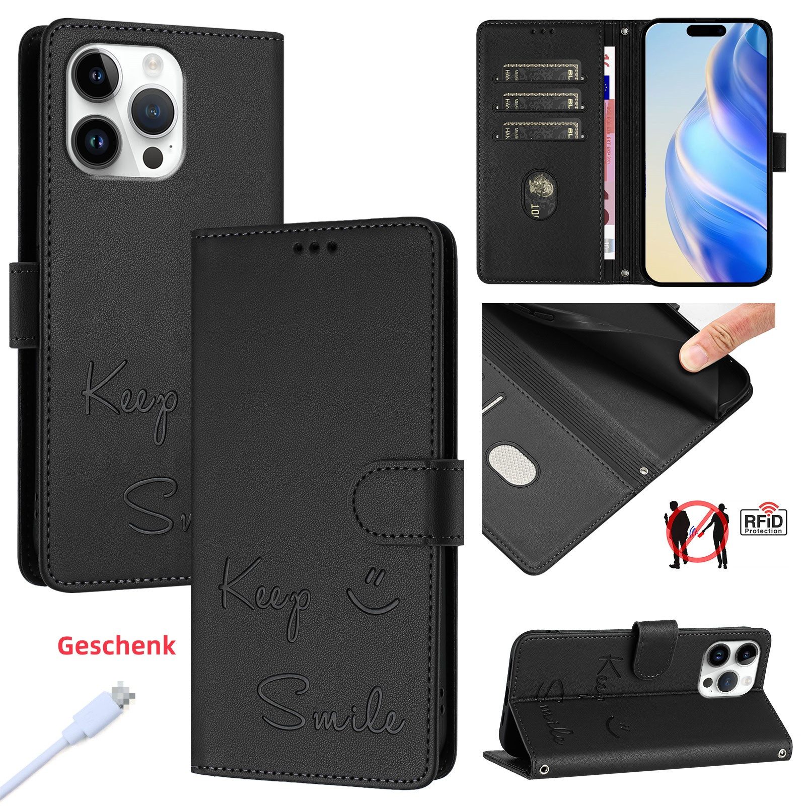 trends for living Handyhülle Leder Lächeln Hülle Tasche für iPhone X XS 12 13 14 15 16 Pro Max Plus