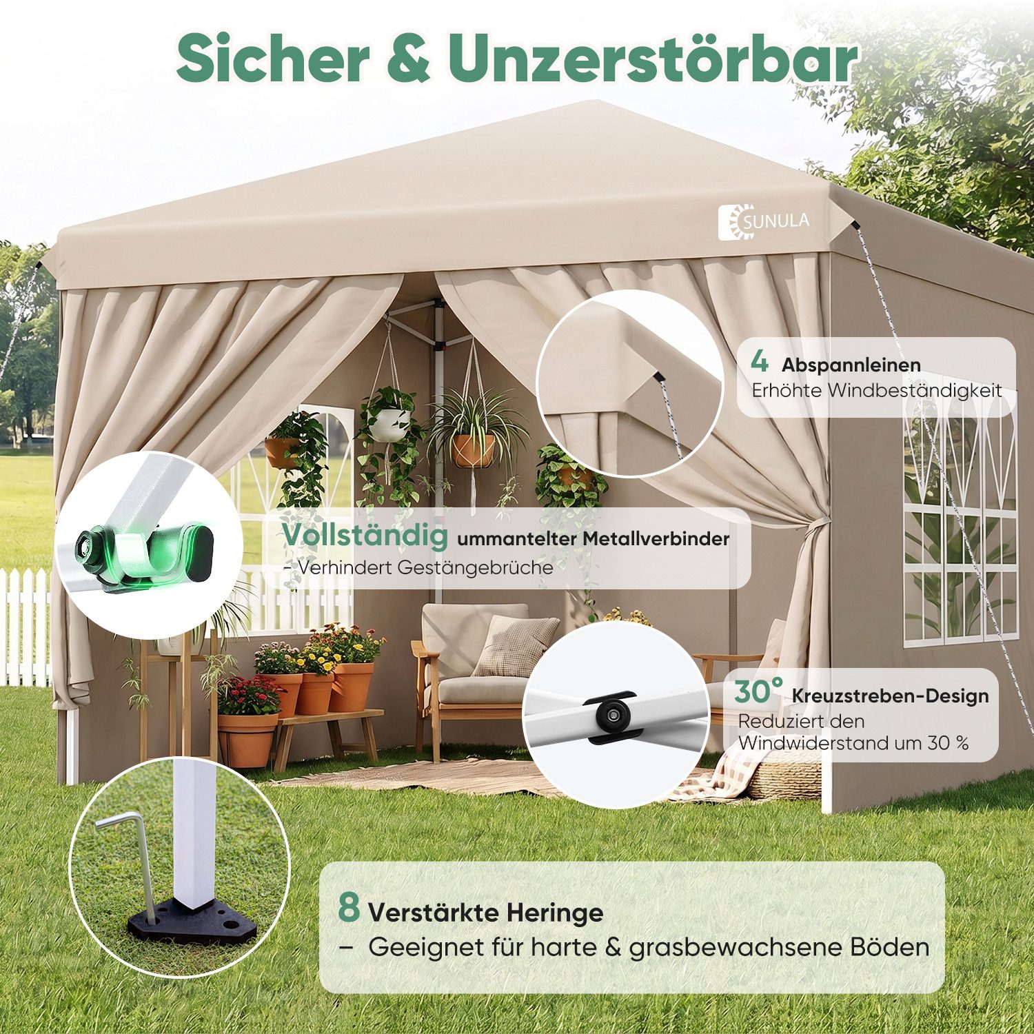 SUNULA Faltpavillon 3x3 m Pavillion Wasserdicht Pop Up Gartenpavillon Winterfest, mit 4 Seitenteilen, (inkl. 4 Seitenteile), Faltpavillon 3x3 mit 4 Seitenteilen – Bild 5 von 5
