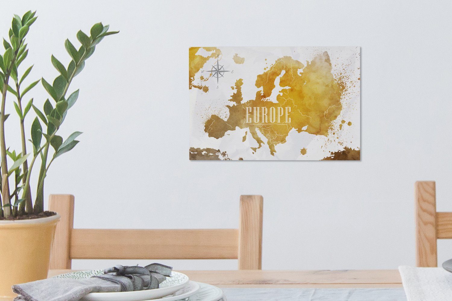 Wandbild 30x20 Weltkarten Wanddeko, - St), - Europa Leinwandbild OneMillionCanvasses® Leinwandbilder, (1 Aufhängefertig, cm Gold,