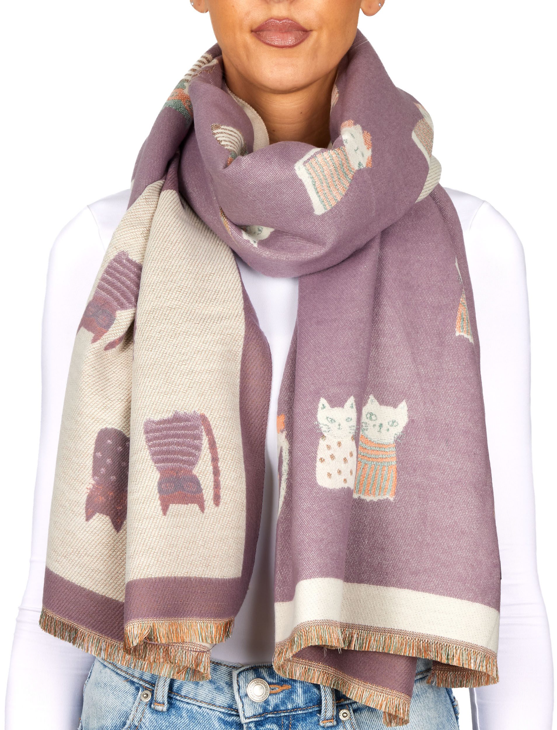 BRUBAKER Schal Cashmirillo Damen Schal mit Katzen Muster - 70 x 200 cm, (Herbstschal Winterschal, 1-St. Weiches Kaschmir-Gefühl), Warm, Kuschelig und Oversized - Damenschal für Herbst und Winter