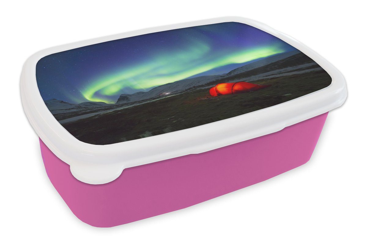 MuchoWow Lunchbox Nordlichter - Zelt - Schweden, Kunststoff, (2-tlg), Brotbox für Erwachsene, Brotdose Kinder, Snackbox, Mädchen, Kunststoff rosa
