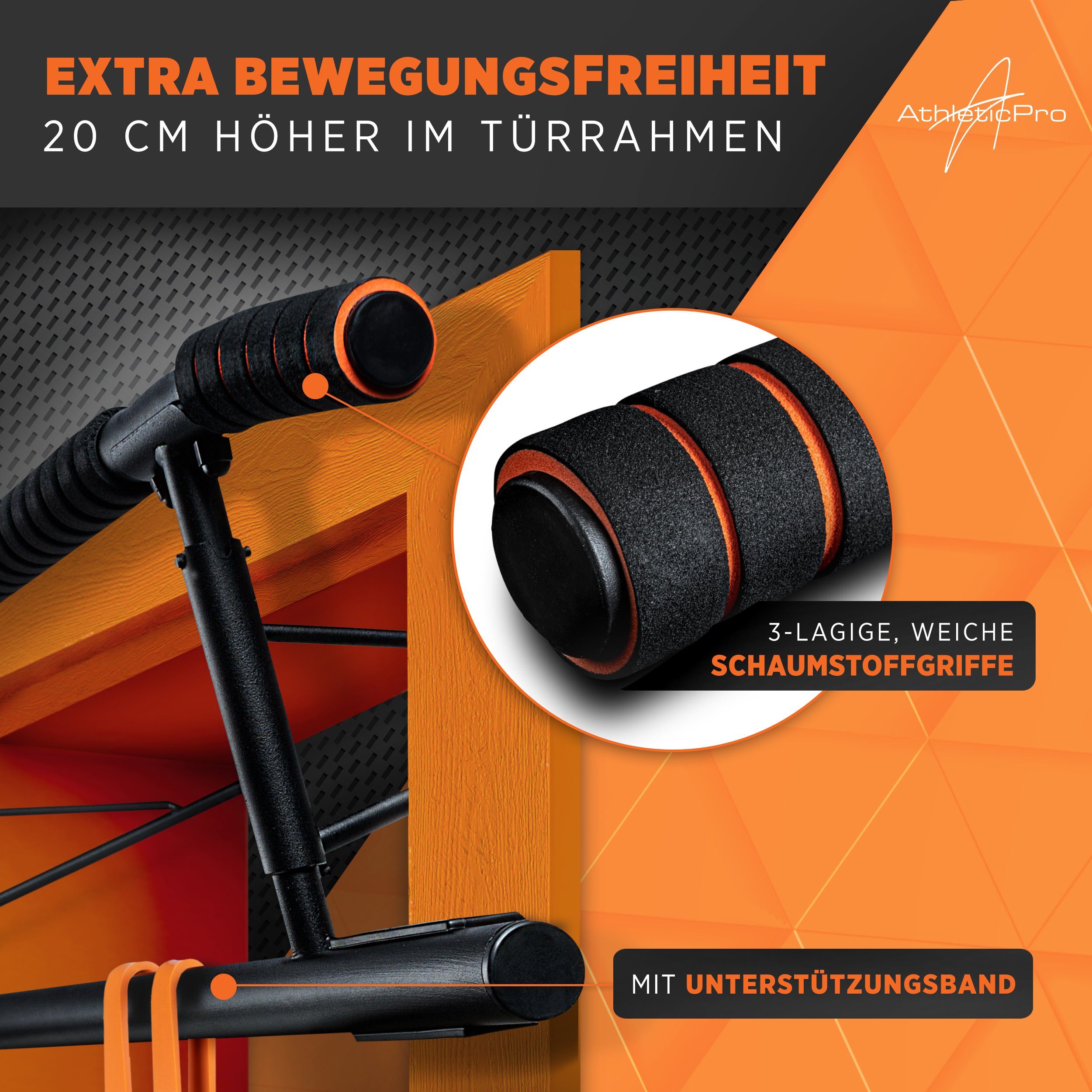 AthleticPro Klimmzugstange Türrahmen ohne Bohren, für Klimmzüge & Dips, bis 200kg belastbar, Extra hoch montierbar, inkl. Schaumstoffgriffe