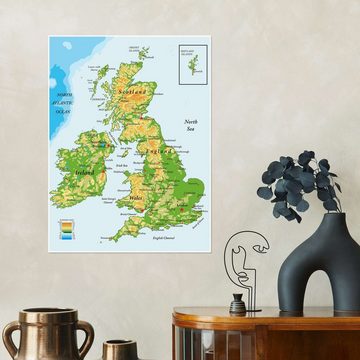 Posterlounge Poster Editors Choice, Topografische Karte von Großbritannien und Irland (Englisch), Wohnzimmer Illustration