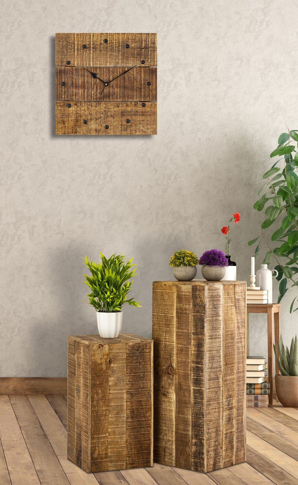 Casamia Wanduhr Wanduhr quadratisch Holz Wohnzimmer aus Mangoh 30x30cm Holzuhr lautlos