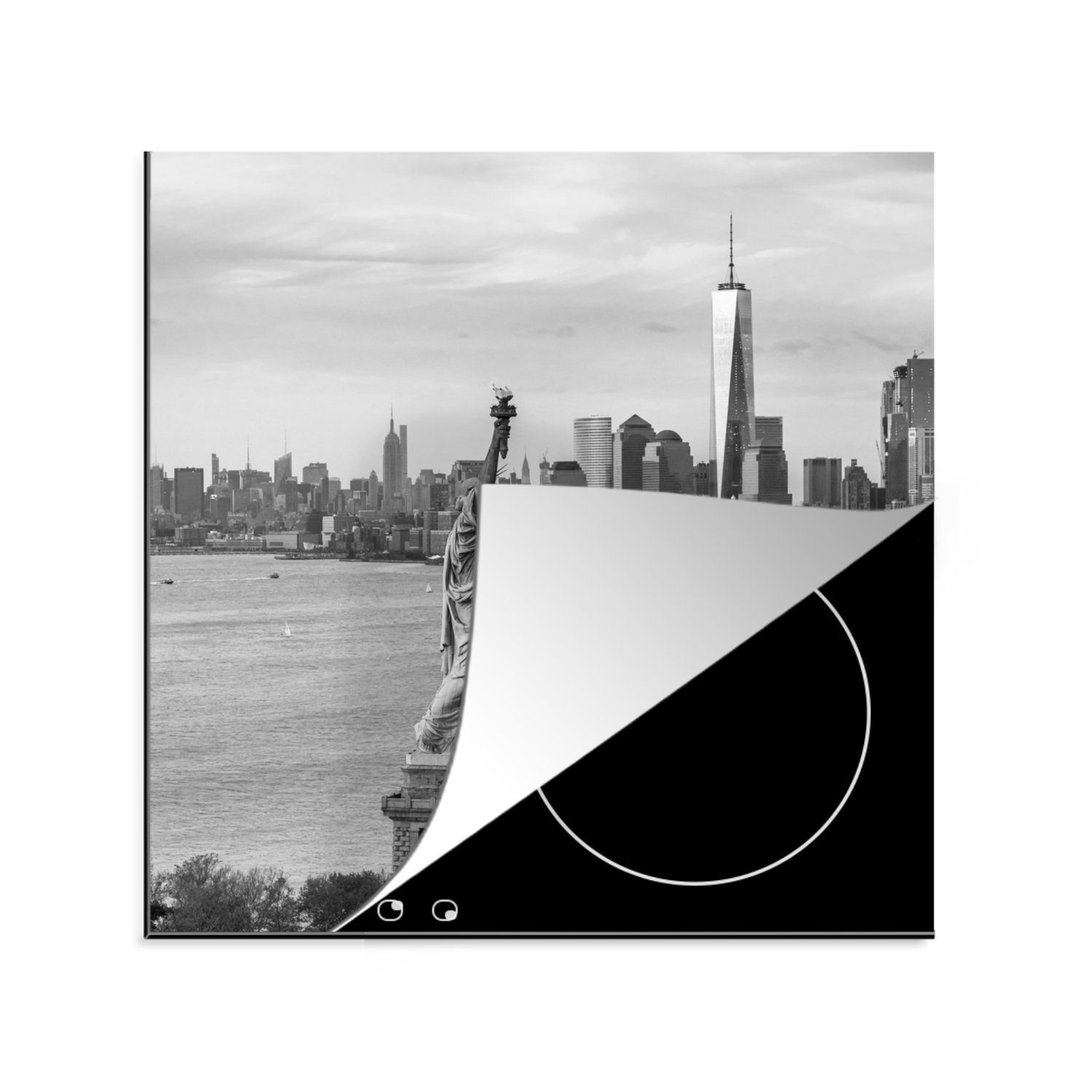 MuchoWow Herdblende-/Abdeckplatte World Trade Center - Freiheitsstatue - Schwarz - Weiß, Vinyl, (1 tlg), 78x78 cm, Ceranfeldabdeckung, Arbeitsplatte für küche